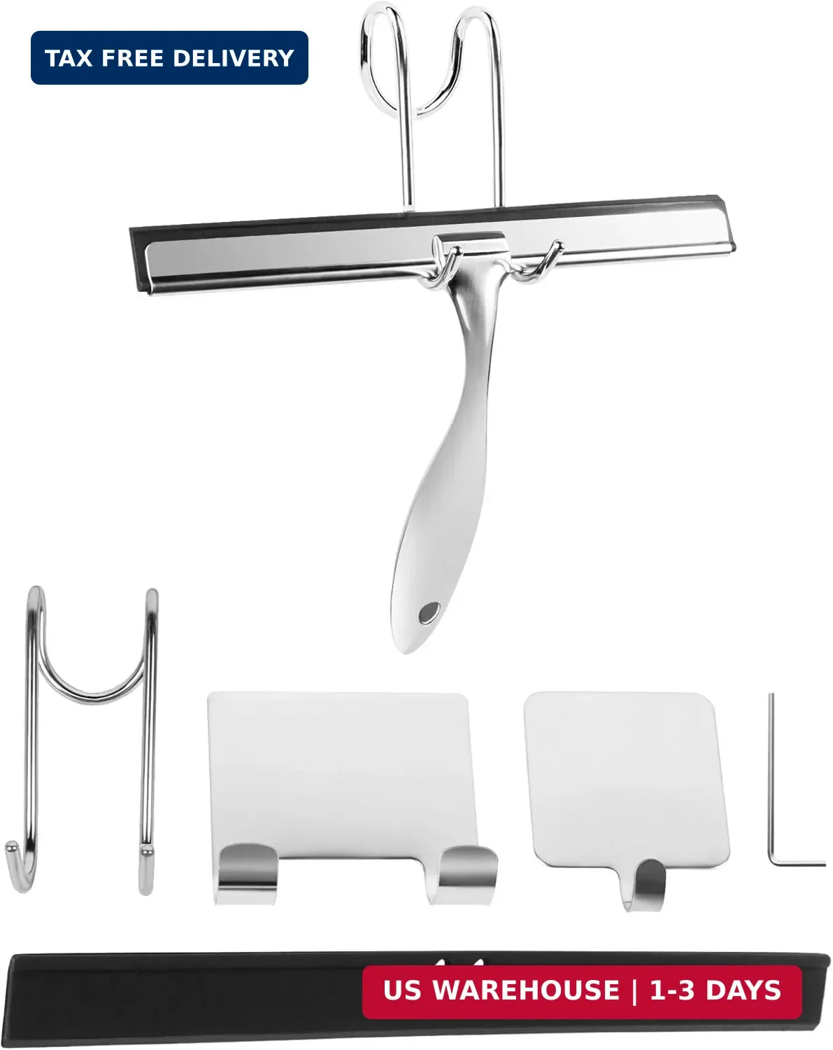 All-Purpose Stainless Steel Shower Squeegee Come with S Hook, 2 Square Sticky Ho