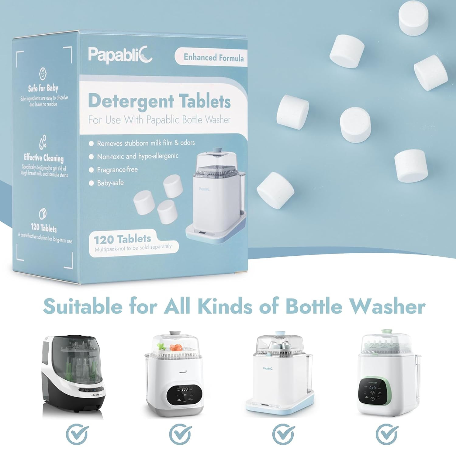 120Pcs Official Detergent Soap Tablets for Baby Brezza,Grownsy,Momcozy Bottle Wa