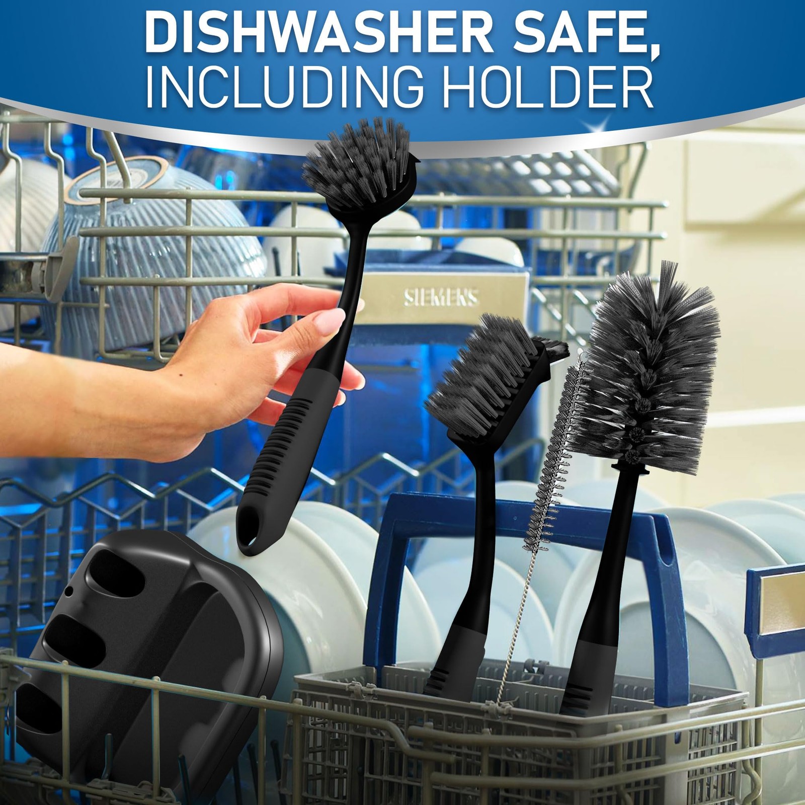 Dish Brush Set of 5 with Holder – Kitchen Scrub Brushes with Non-Slip Long Ha…