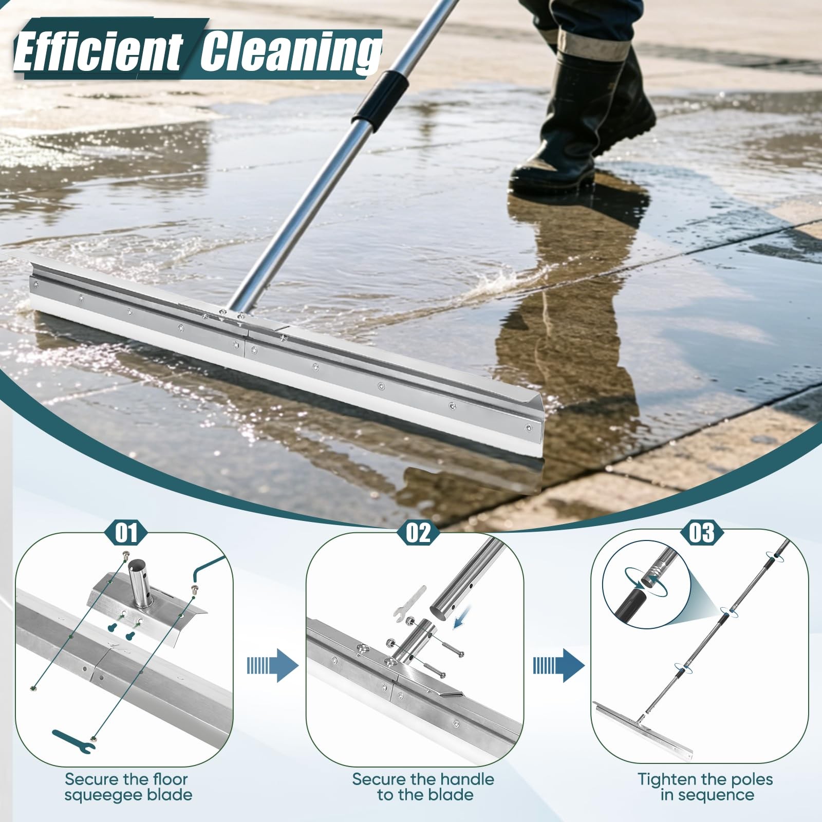 Large Floor Squeegee 33.4 Inch Silicone Blade 63 Inch Handle For Garage