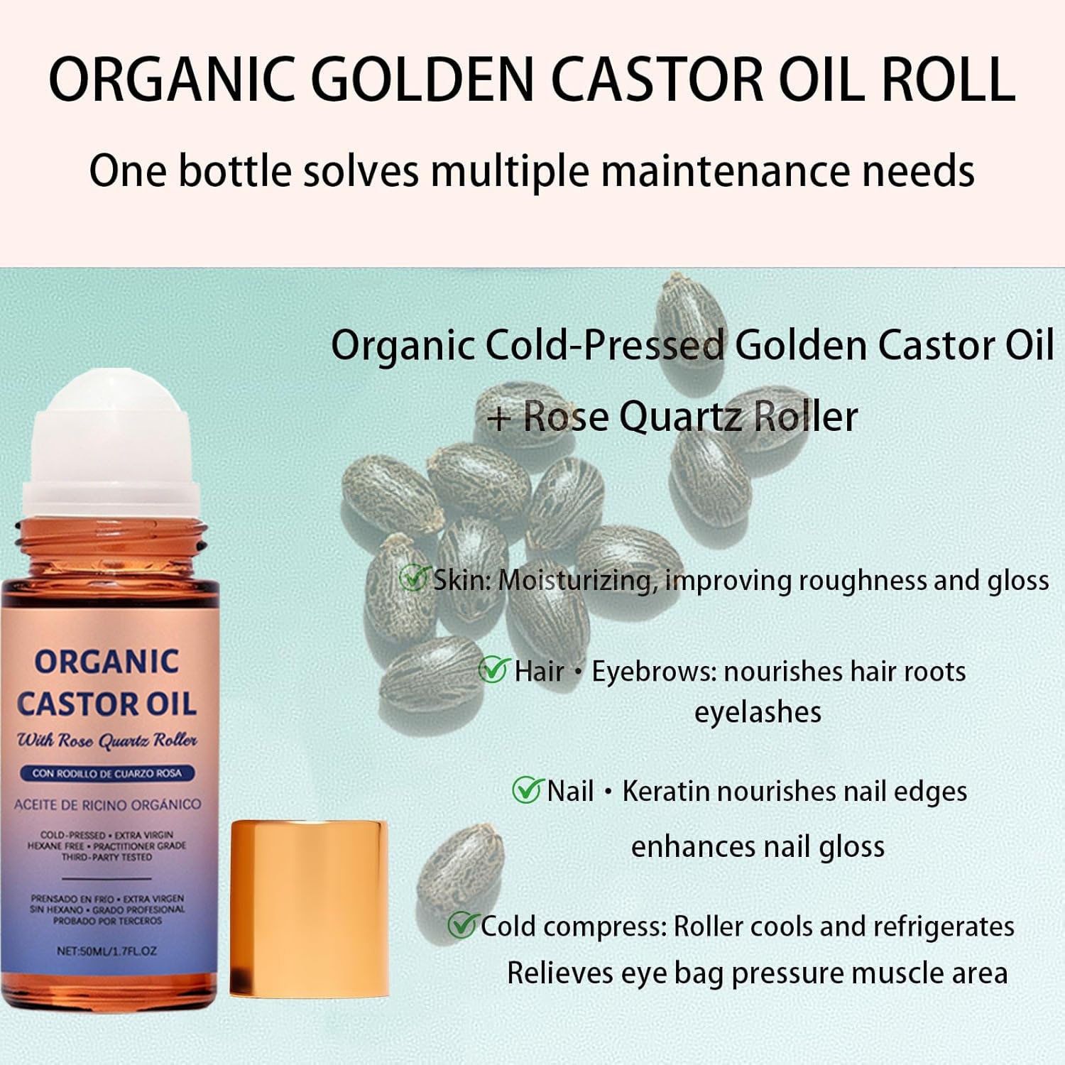 100% Organic Castor Oil Roll On with Rose Quartz Roller, Cold Pressed