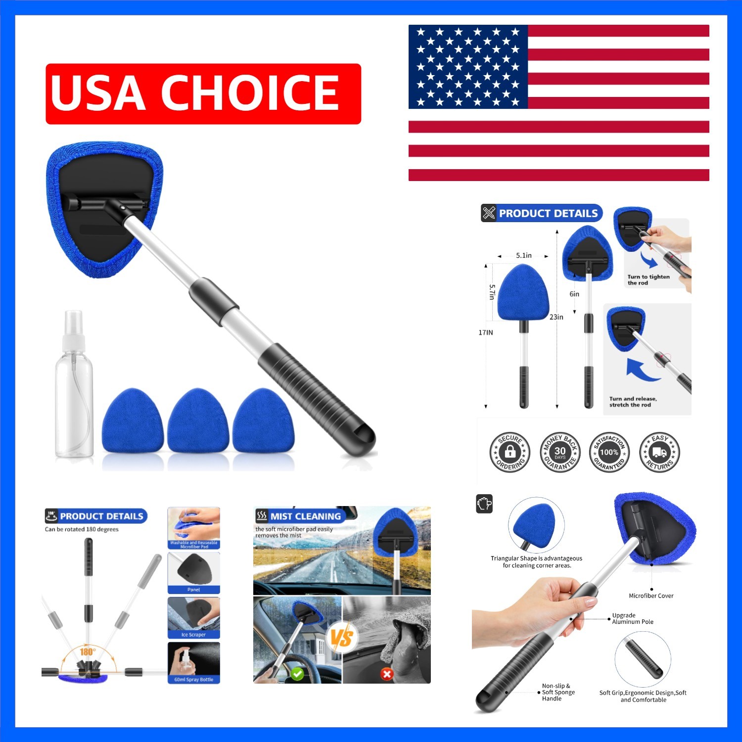 Windshield Cleaning Tool, 23-inch Extendable Handle Car Window Cleaner with 4…