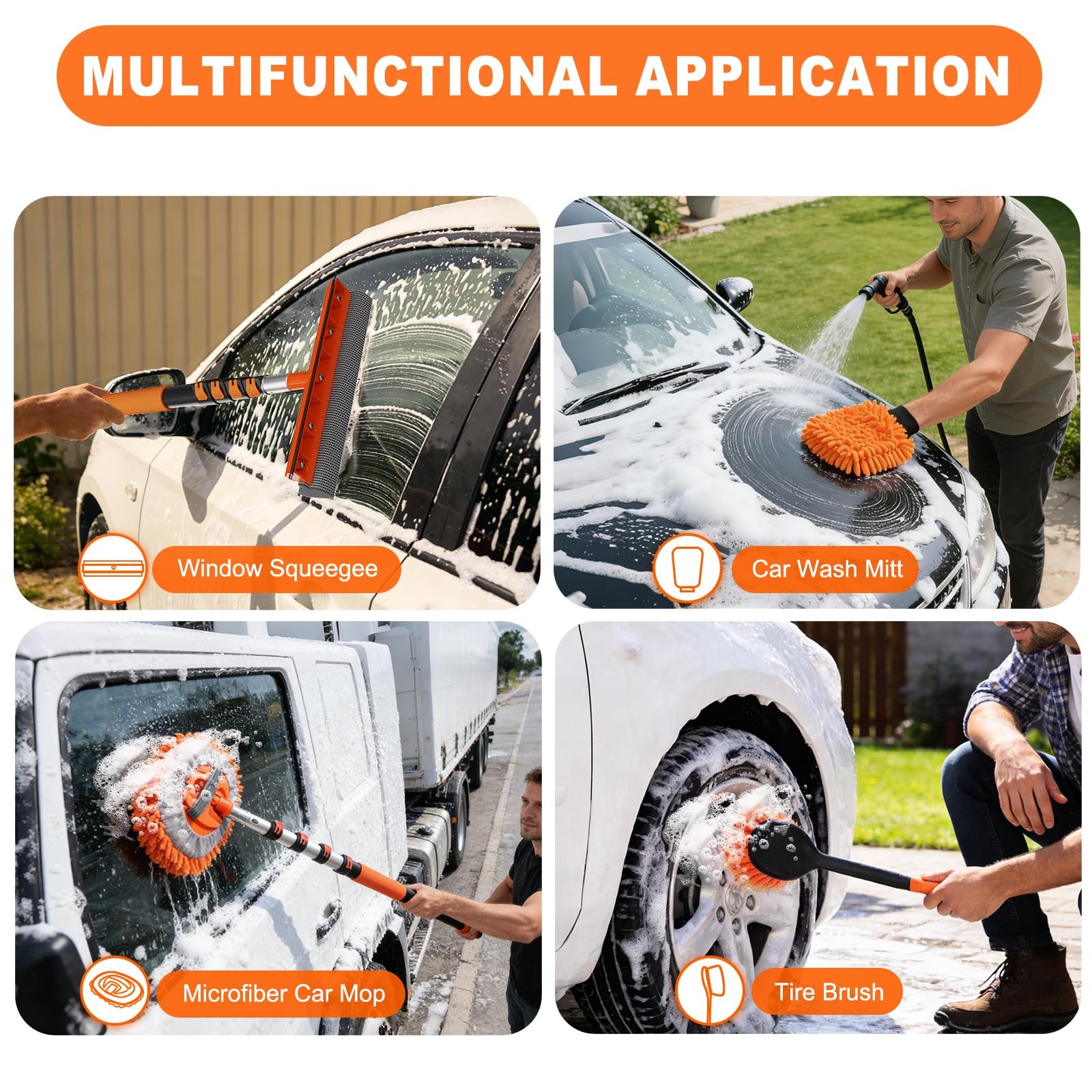16FT Car Wash Brush Kit – Long Handle Soft Bristle, Squeegee, Microfiber Mop