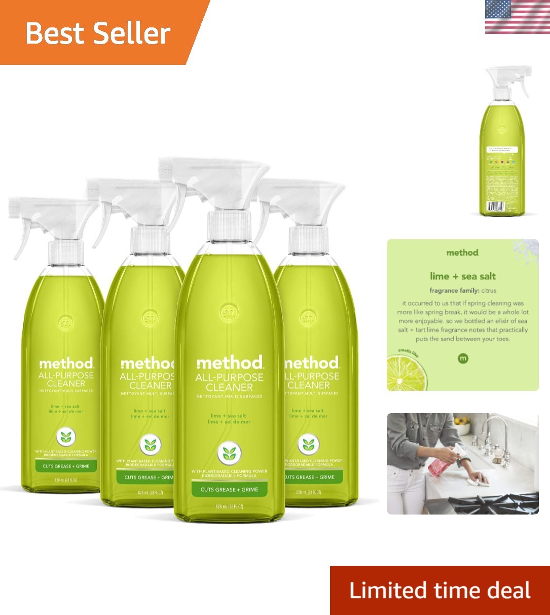 All-Purpose Cleaner Spray with Lime + Sea Salt – Grease-Busting 28 Oz, 4 Pack