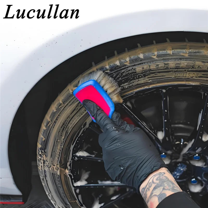 Lucullan Tire Cleaning Brush Medium Stiff Synthetic Bristles Ergonomic Grip Pink