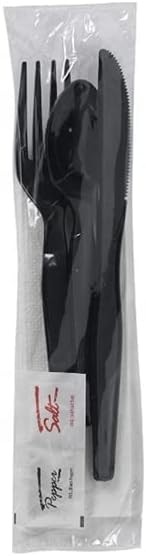 450 Black Plastic Cutlery Packets – Knife, Fork, Spoon, Napkin, Salt, Pepper S