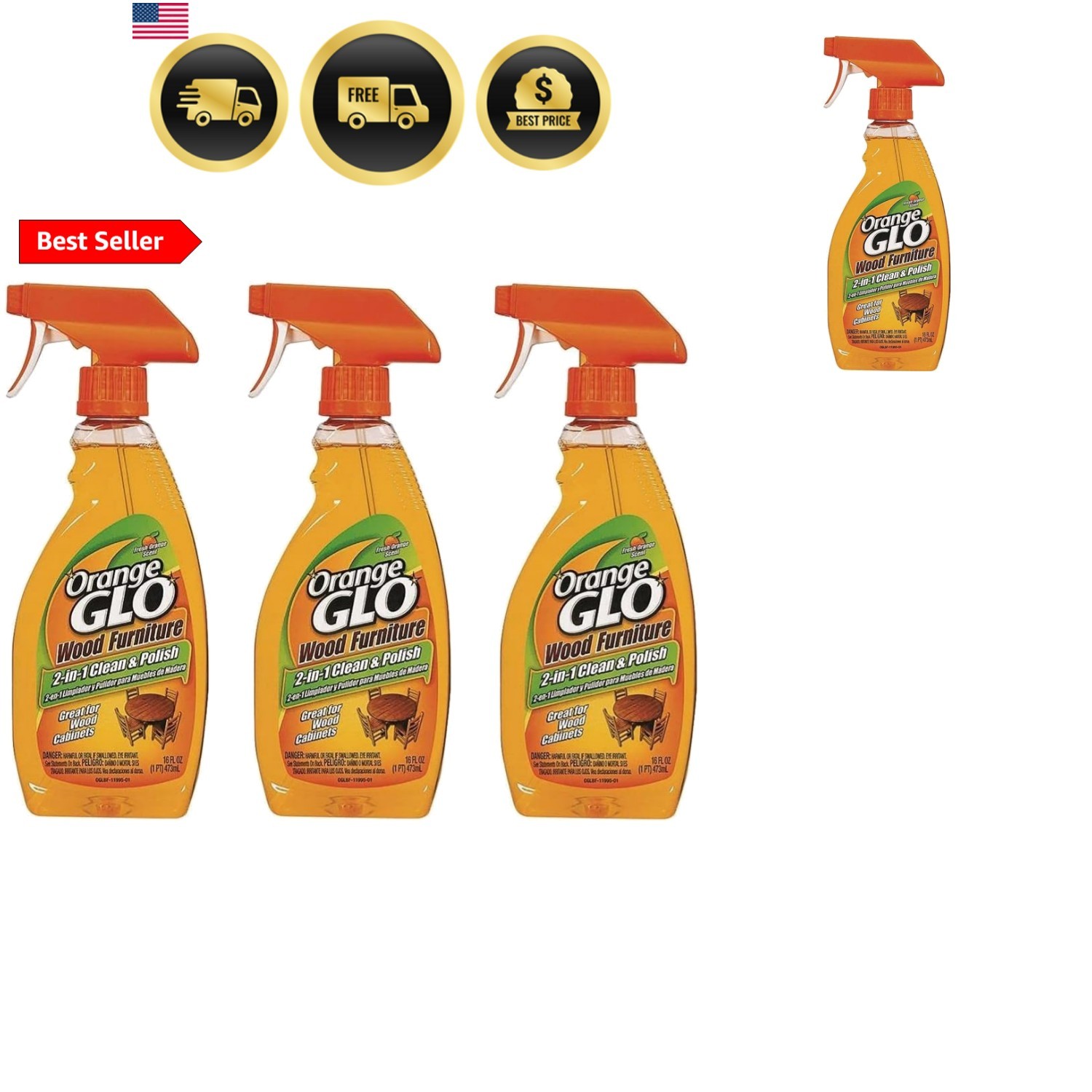Glo Pack of 3 Wood Furniture 2-in-1 Clean and Polish, 48 Fl Oz total