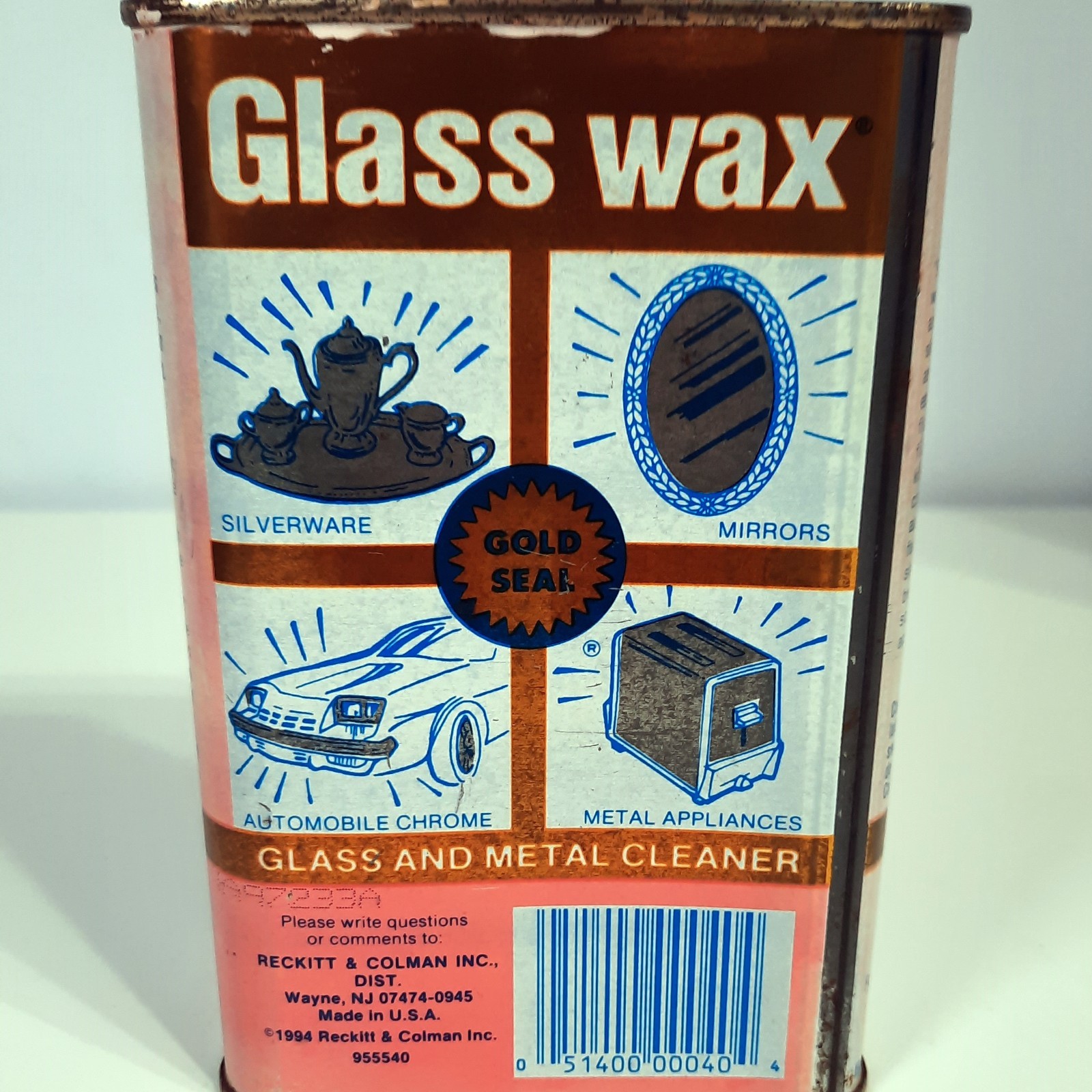 Vintage Glass Wax Cleaner Polish 16oz Gold Seal Pour Can Pink Advertising USA