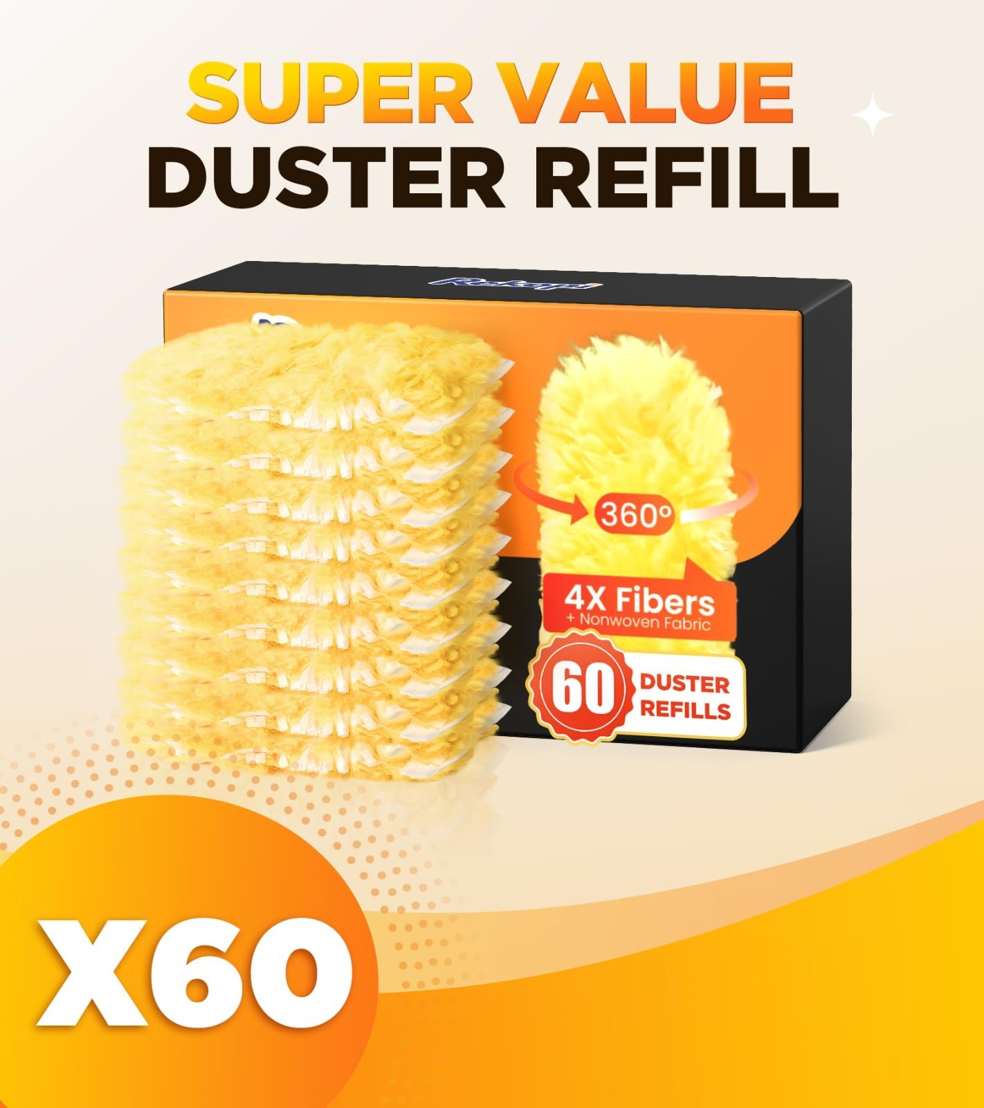 60 Heavy Duty Duster Refills, 360° Multisurface, 4X Microfiber, Unscented, Dispo