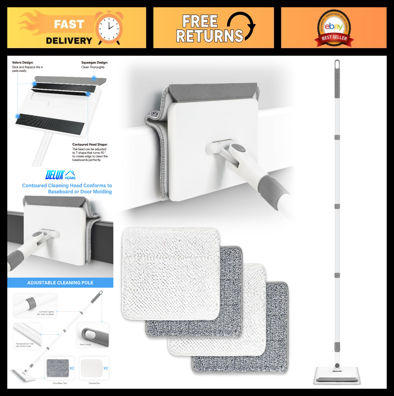 Extendable Baseboard Cleaner Tool with Handle, 4 Reusable Pads for Walls & Floor
