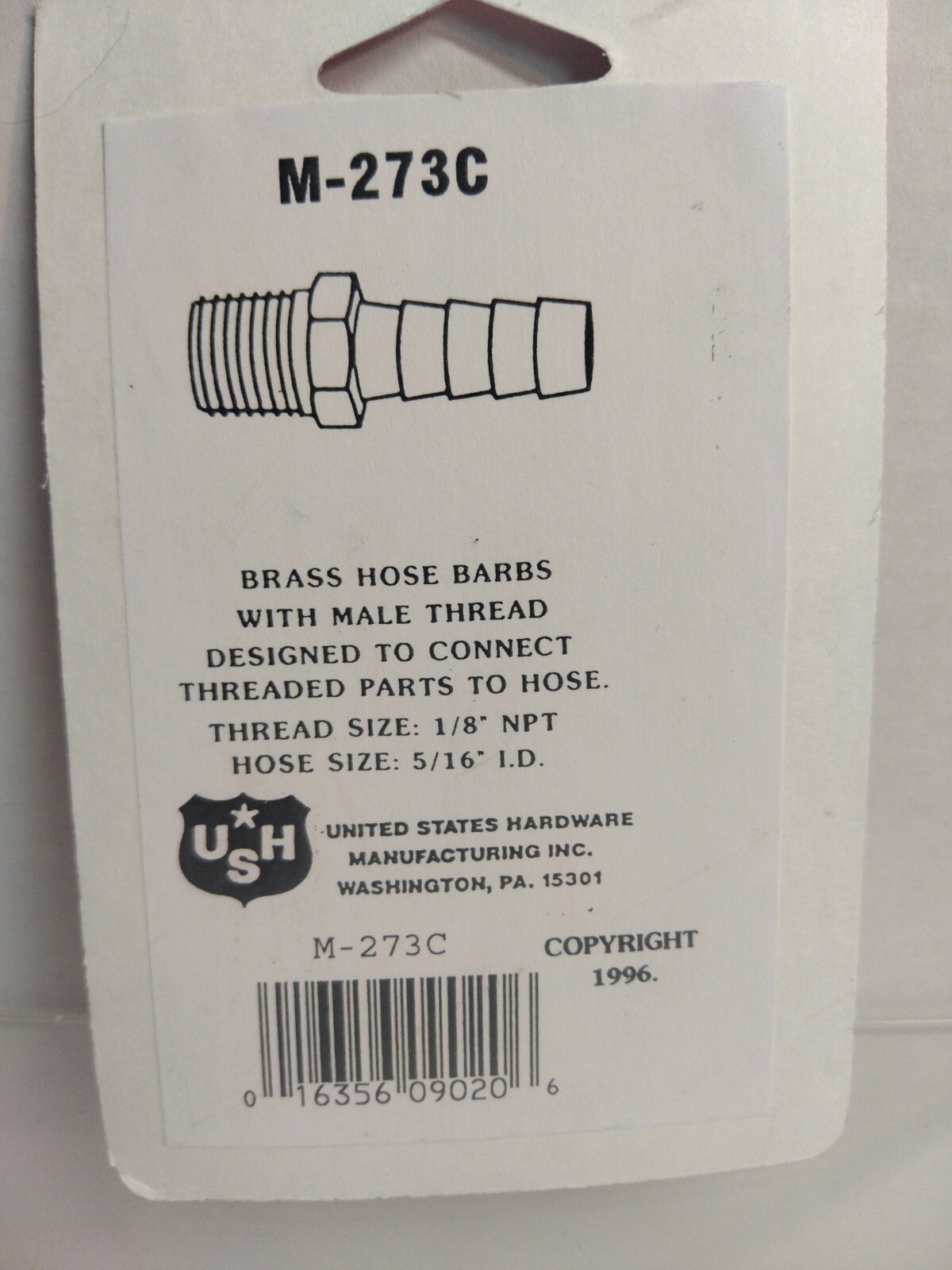 Hose Barb Male Marine 5/16 Inc,No M-273C, United States Hdw Mfg/U S Ha