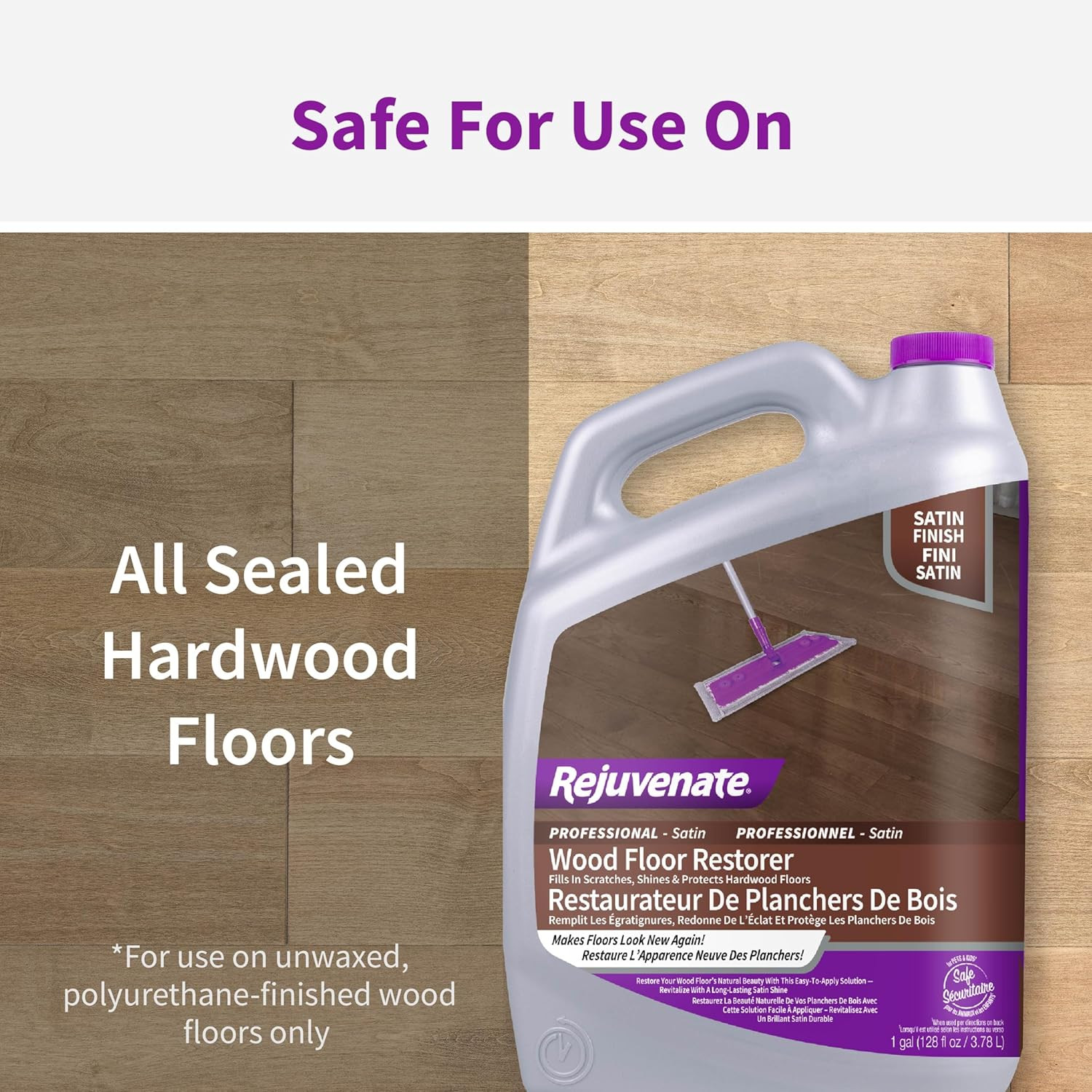 Wood Floor Restorer & Polish – Easy Mop Application, Satin Finish, 128 Oz