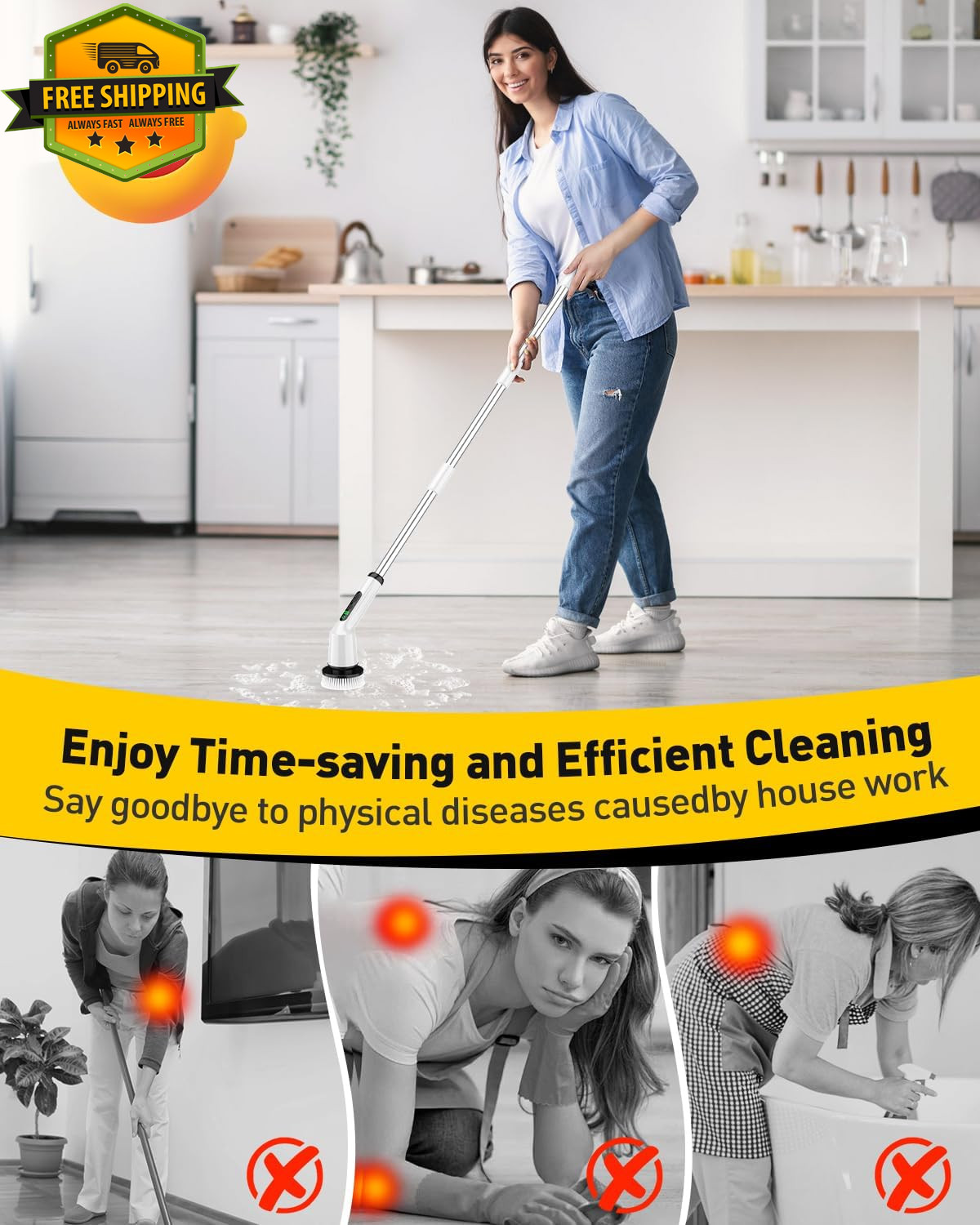 Electric Spin Scrubber Cordless Bathroom Cleaning Brush 2 Speed 3 Heads