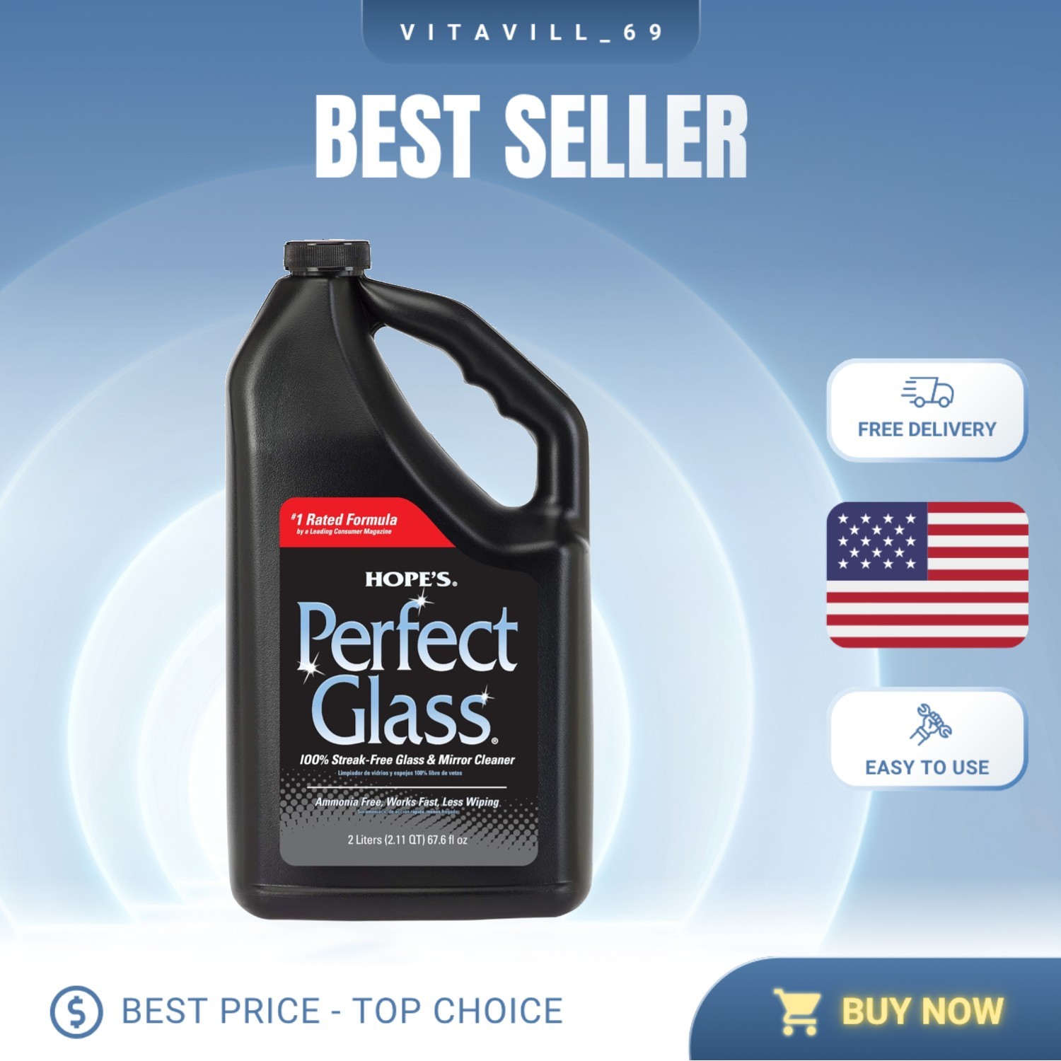 67.6 Oz Streak-Free Glass Cleaner Spray: Ammonia-Free, Indoor & Outdoor Use