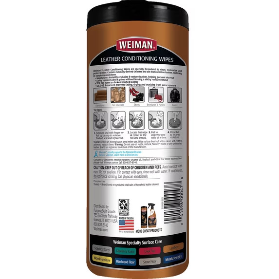 Weiman Leather Conditioning Wipes Furniture Car Seats Shoes Cleaner Polish 30 ct