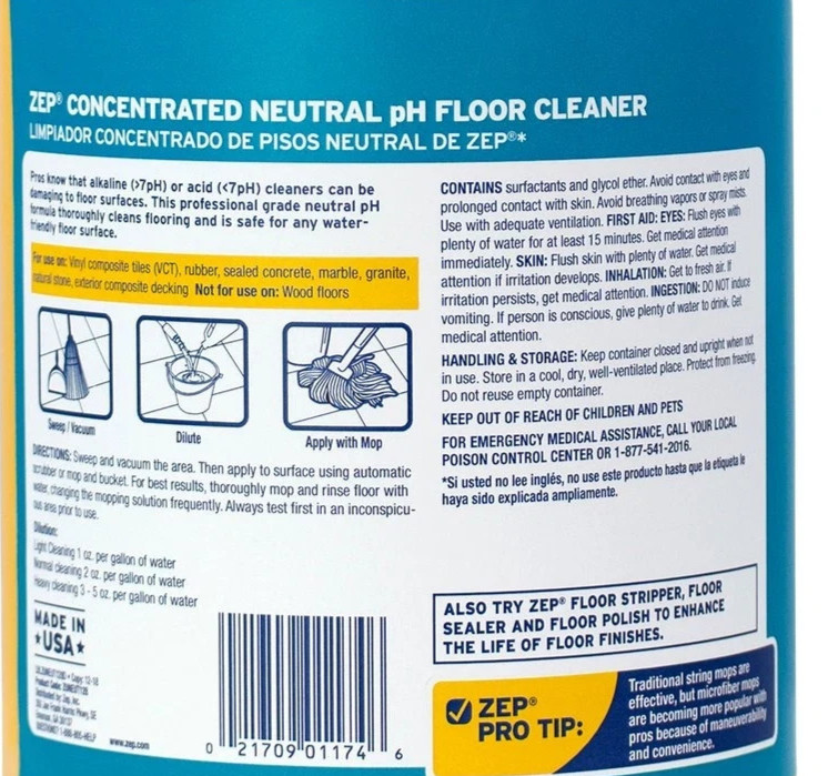 Zep Neutral PH Industrial Floor Cleaner 2 Gallon ZUNEUT128 Concentrated