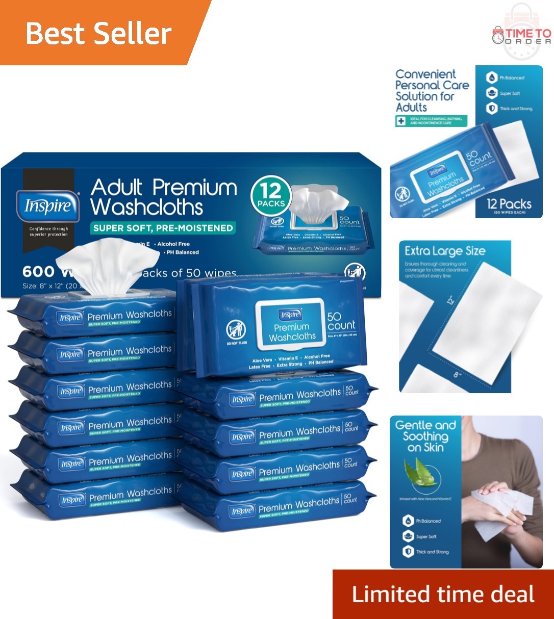 Adult Wet Wipes Wash Cloths 8x12in Hypoallergenic Aloe Vera 600 Count