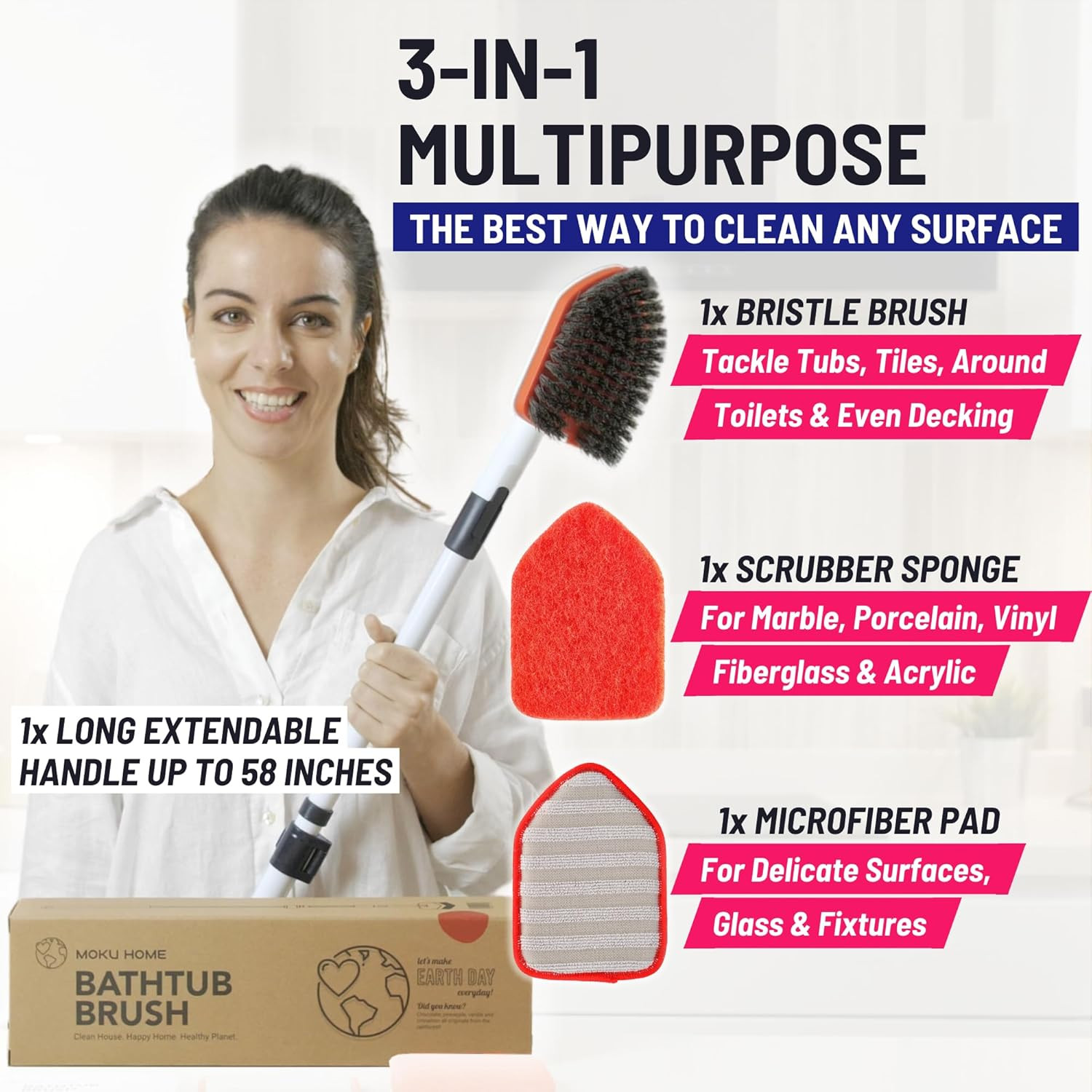 Shower Scrubber 3 in 1 Extendable Long Handle 58″ Cleaning Brush – Non Scratch S