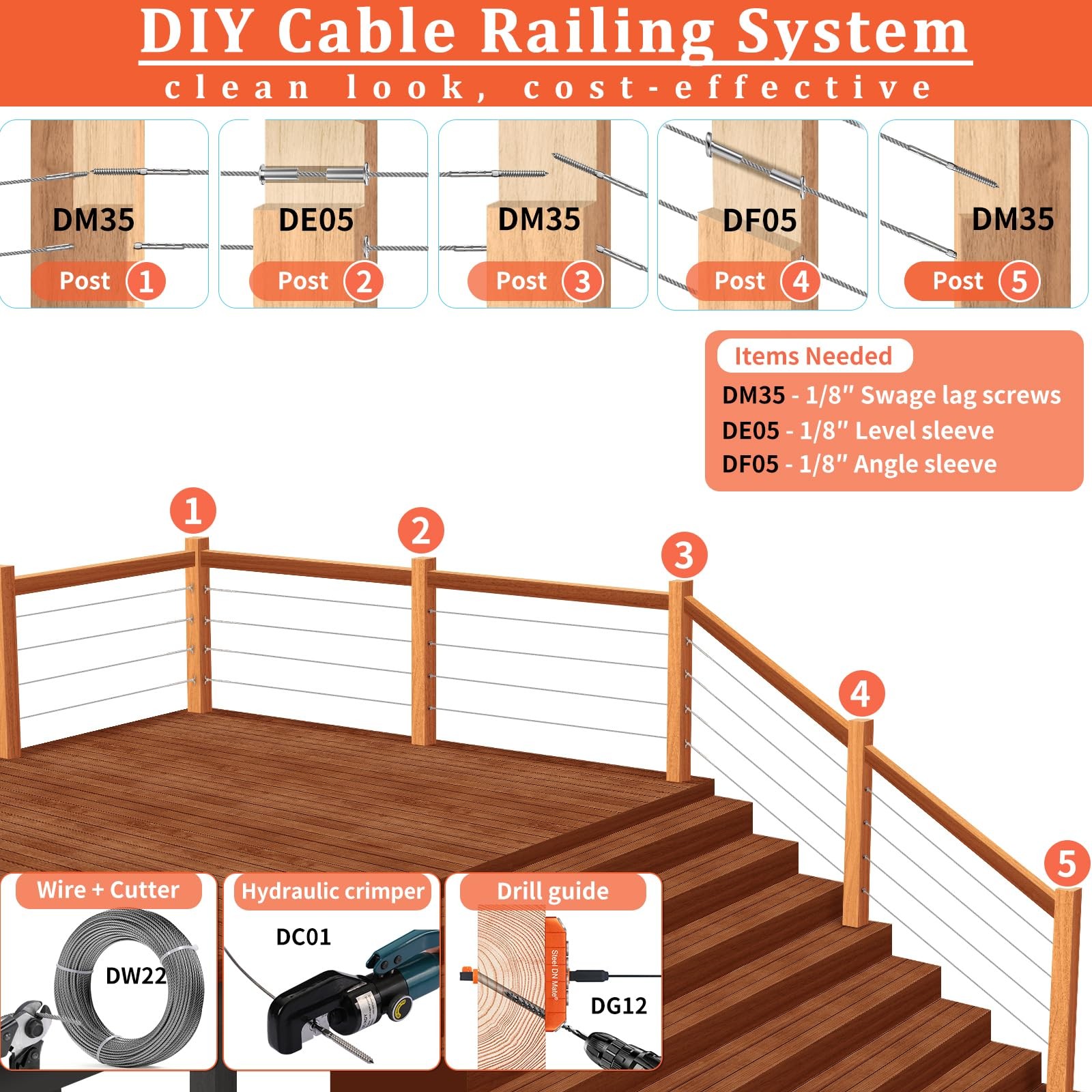 Aluminum Drill Guide, 30 45 90 Degree Angle 4 Sizes for Cable Railing Lag Scr…