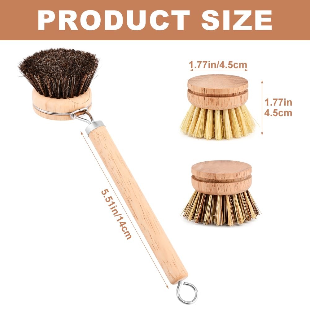 Bamboo Dish Brush Set, 1 Wooden Handle with 3 Natural Bristle Heads All Purpose