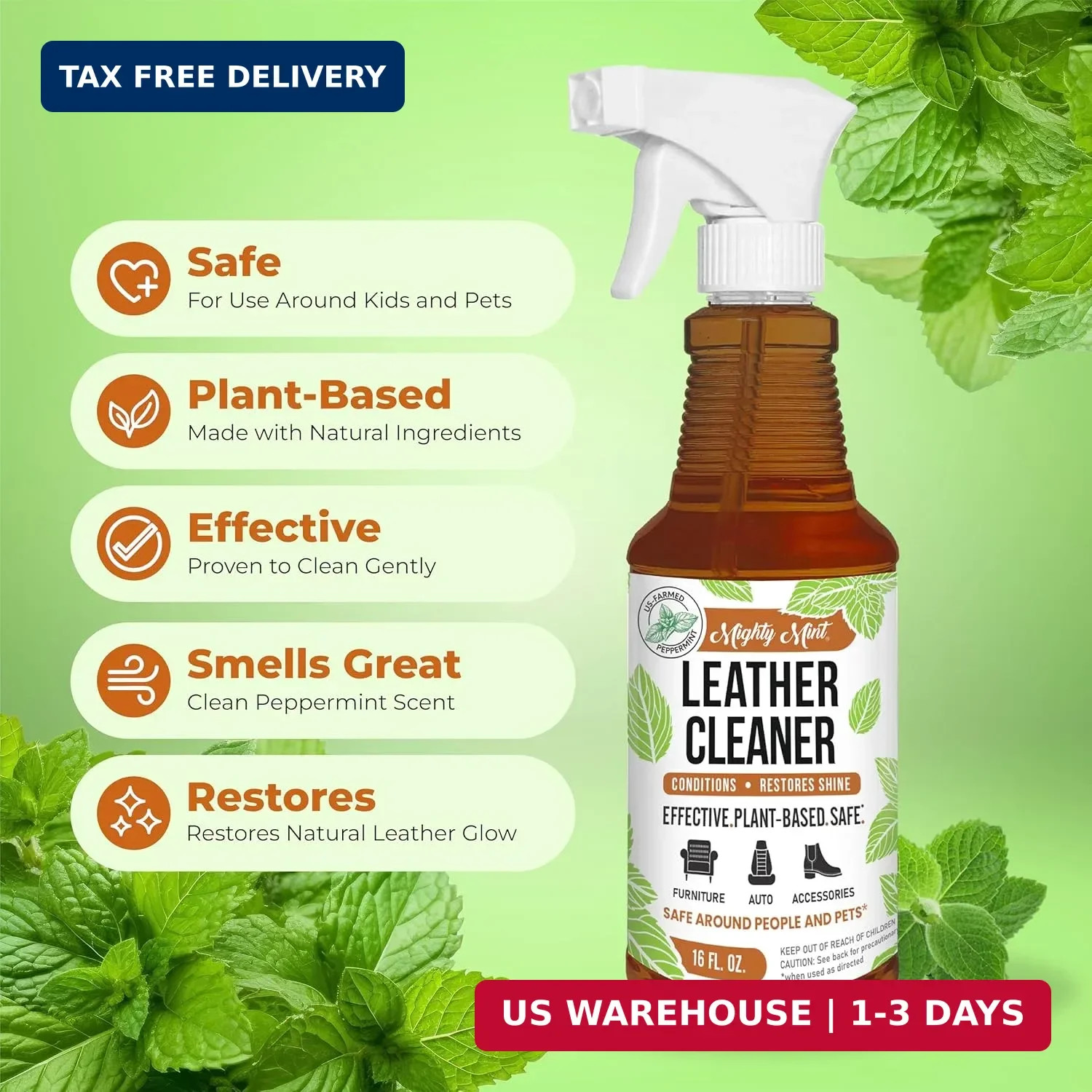 Mighty Mint Leather Cleaner and Conditioner, Plant-Based, Hydrating Spray to Cle