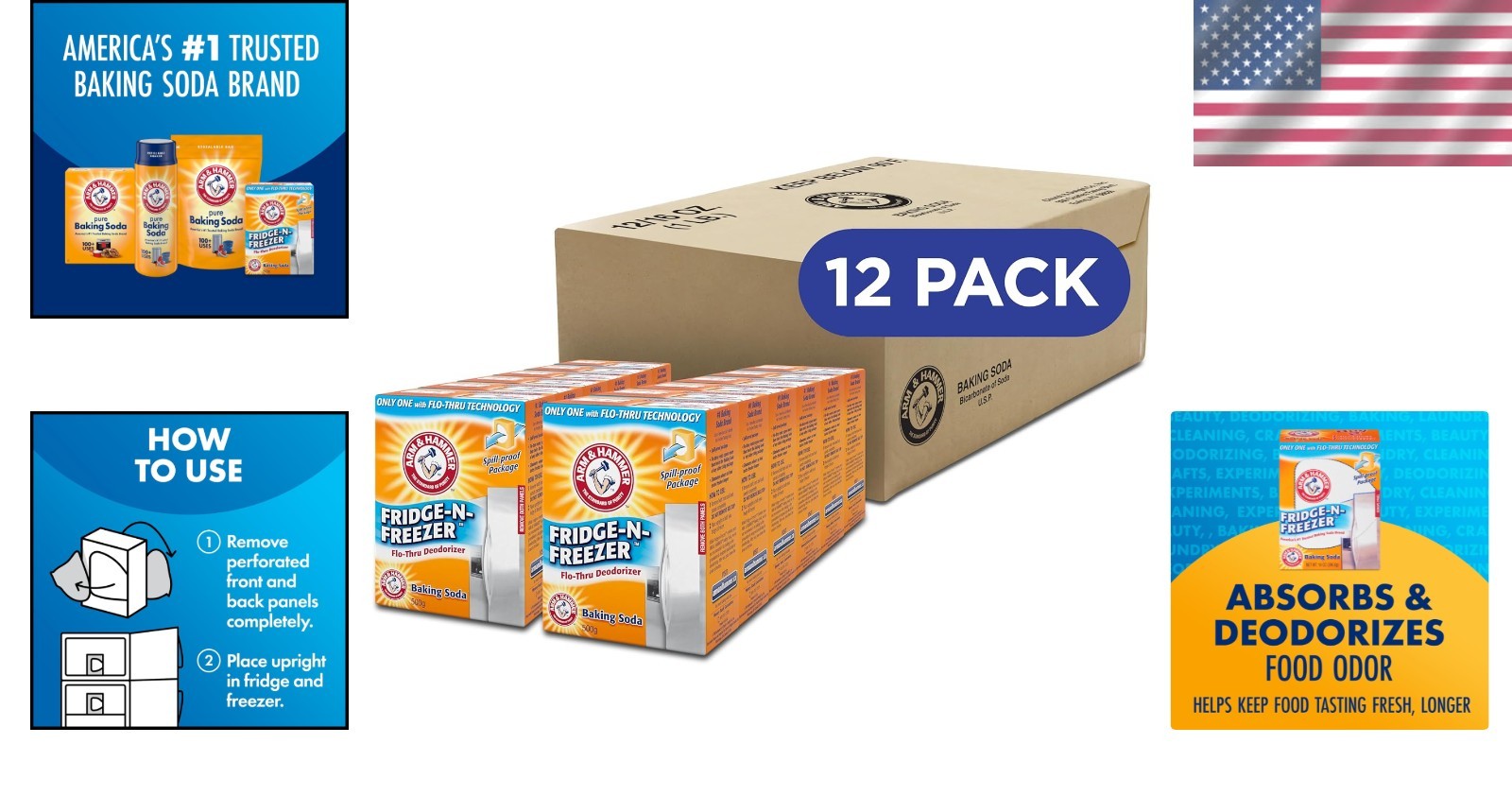 Natural Baking Soda Odor Absorbers – 12 x 14 oz for Fridge & Freezer Freshness