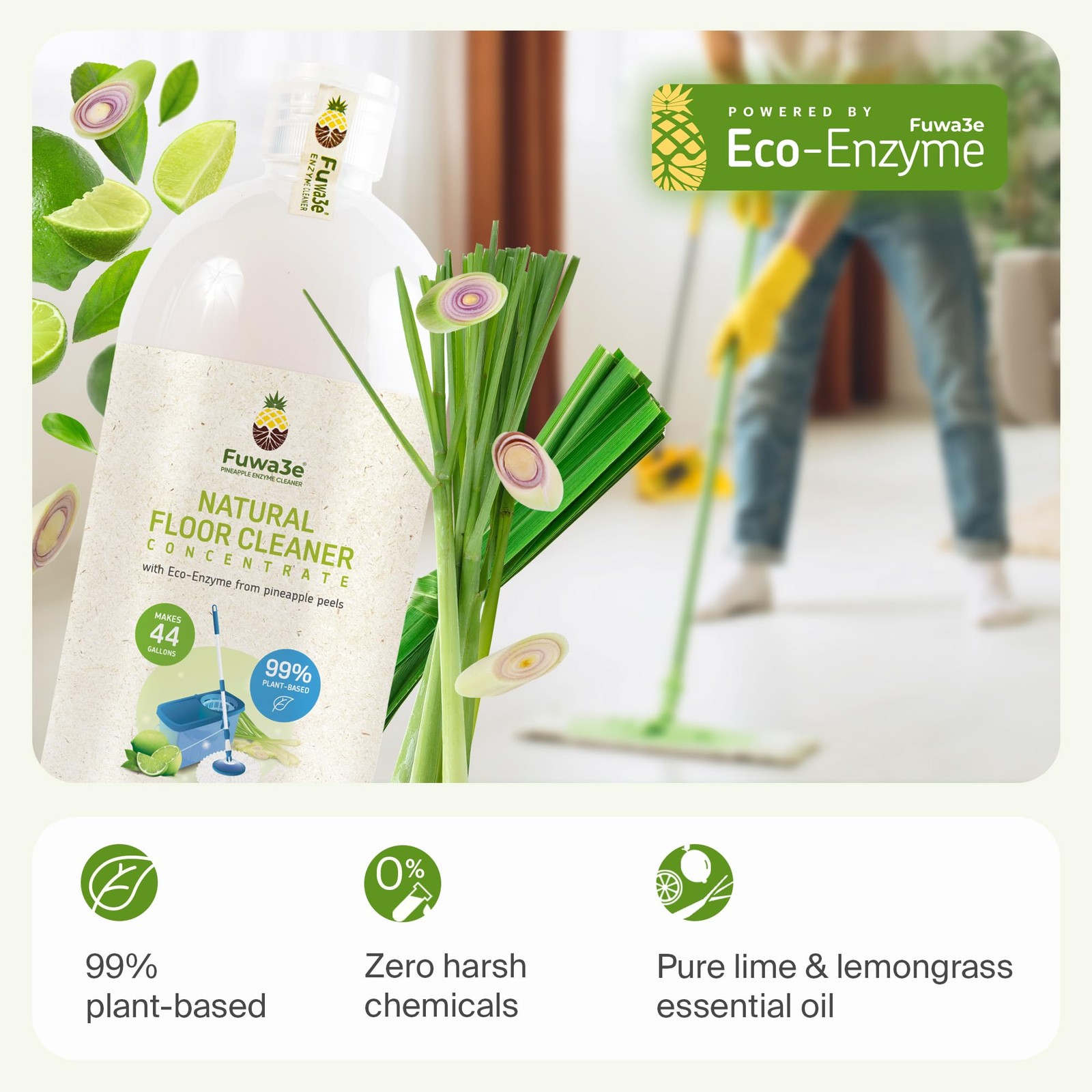 Fuwa3e Pineapple Enzyme Natural Floor Cleaner Lime & Lemongrass – 33.8oz 1 Pa…
