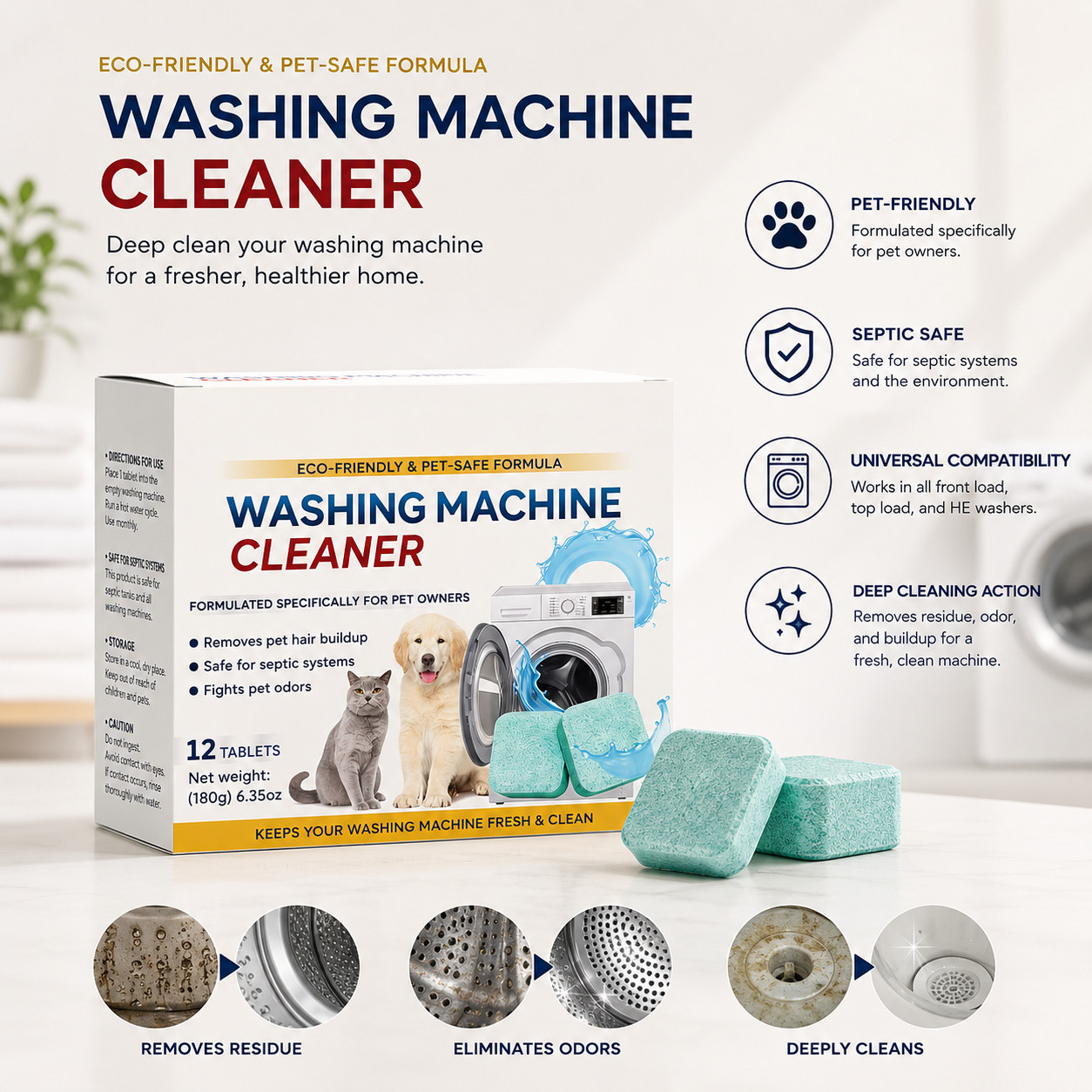 Washing Machine Cleaner Tablets for Pet Owners Deep Clean Odor Remover 12 Pack