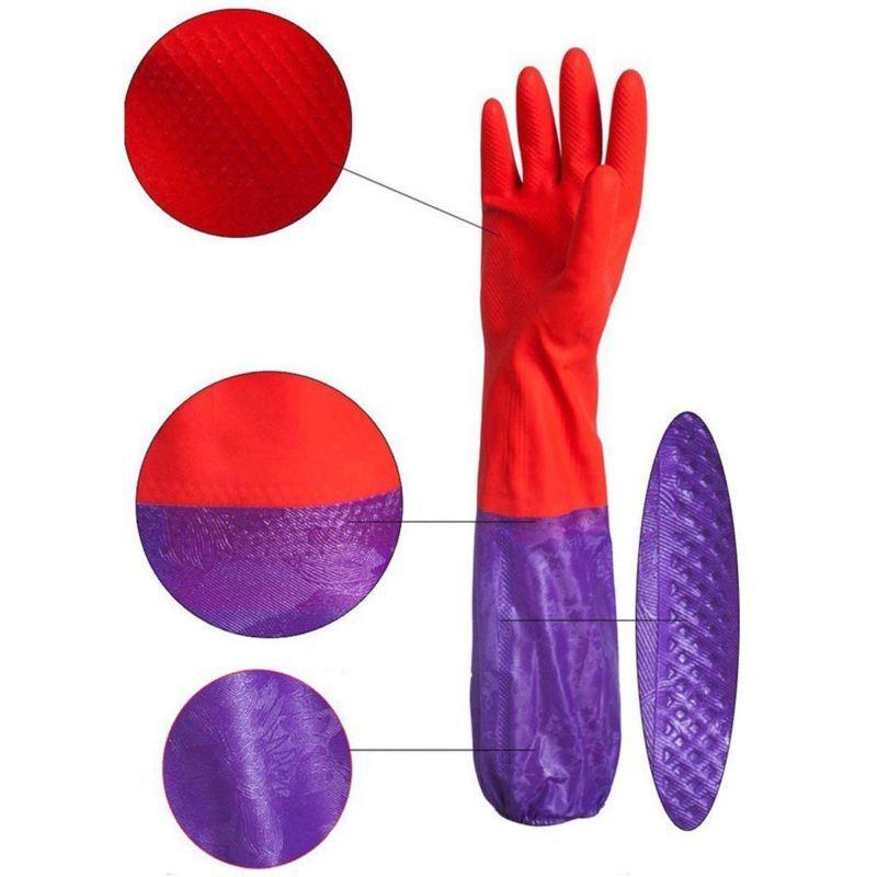 2 Pairs Kitchen Wash Dishes Clean Rubber Latex Gloves Waterproof Long Sleeves