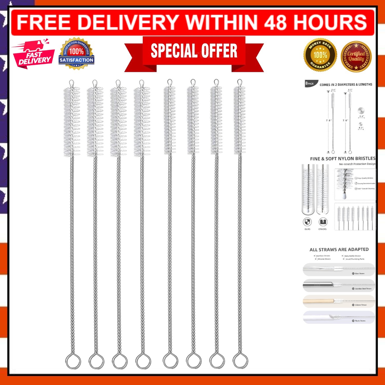 Multi-Size Straw Brush Set: 8-Piece Cleaning Tool for Delicate Drinkware