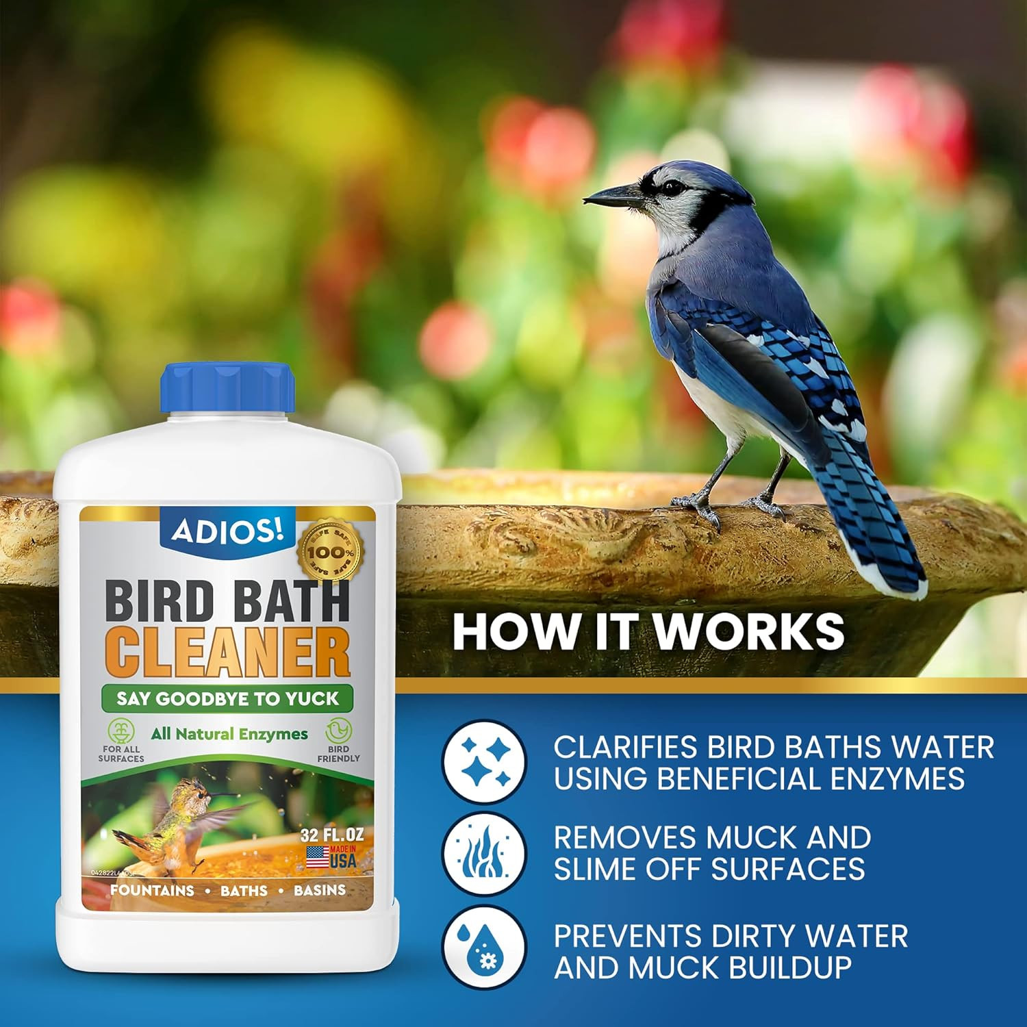 Bird Bath Cleaner for Outdoor Fountains and Bowls, Safely Cleans Metal, Glass an