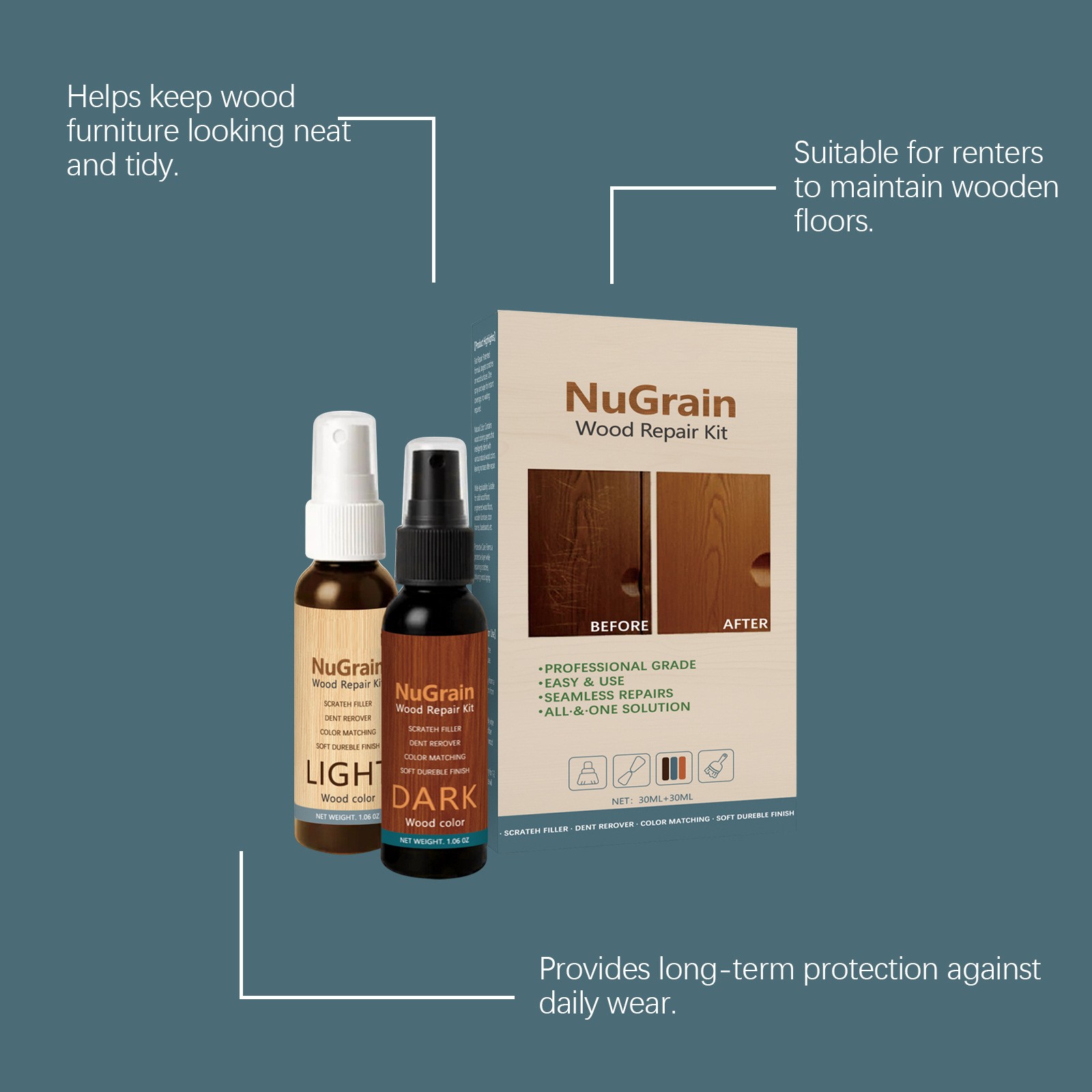 Wood Floor Scratch Repair Kit,Restore Finish For Wood Furniture Repair 30+30ml