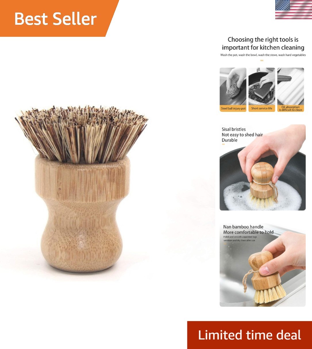 100% Palm Cleaning Brush with Bamboo Handle – Strong, Gentle, and Eco-Conscious
