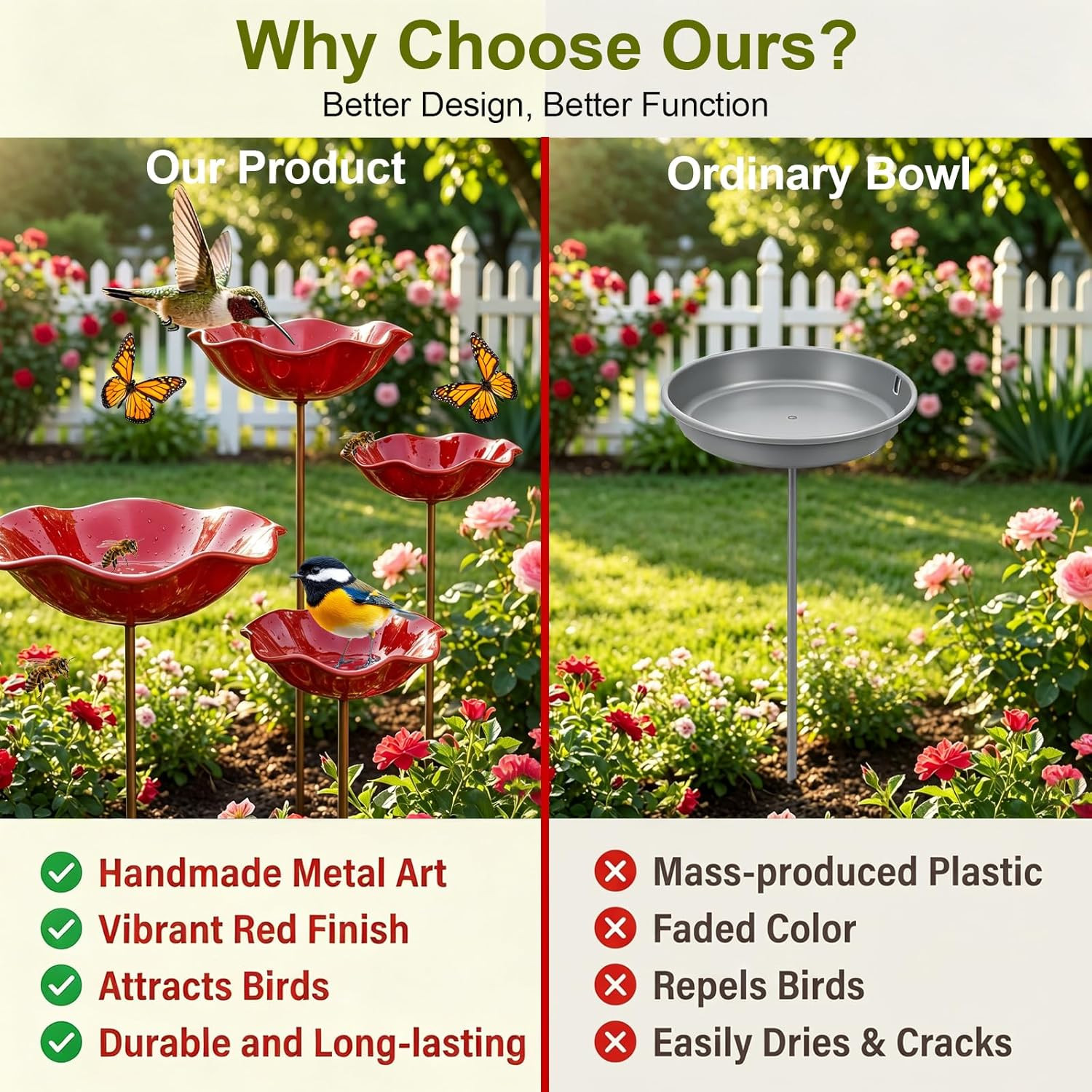 Small Bird Bath for Outsides, Handmade Metal Flower Garden Stake Birdbaths & Fee