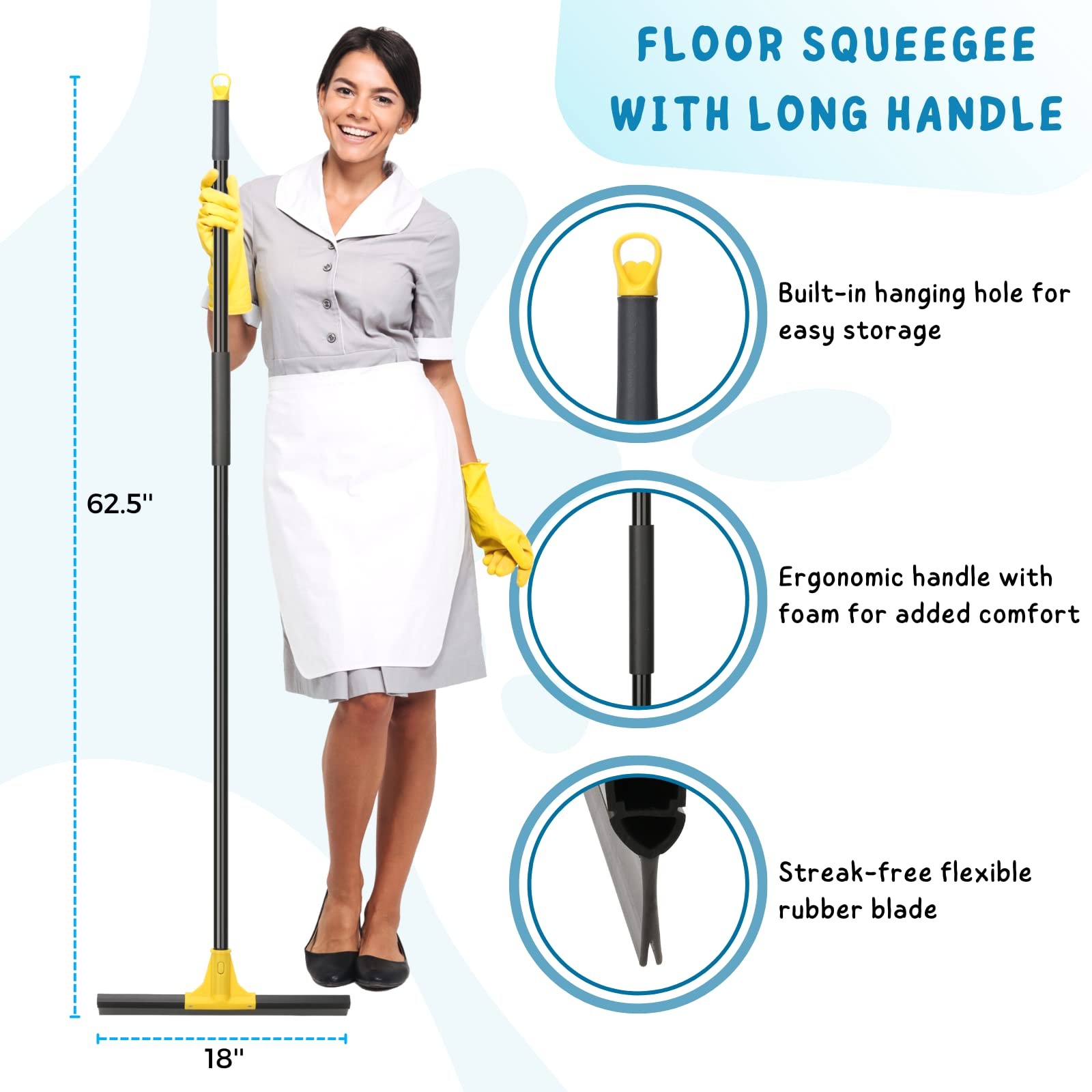 Squeegee Broom for Floor, 18” Heavy Duty Rubber Wiper with 60” Long Handle …