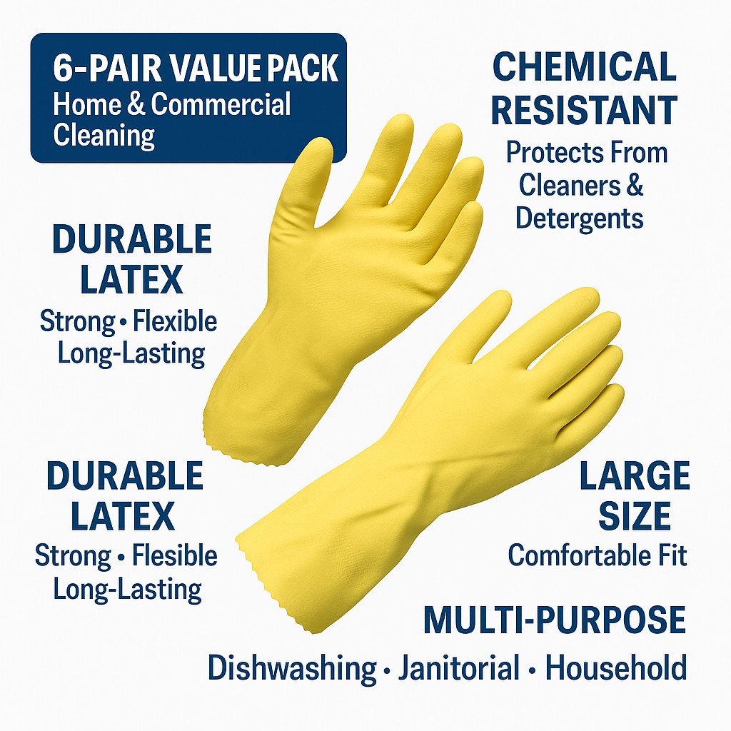 6 Pair Latex Dish Washing Chemical Resistant Gloves – Large