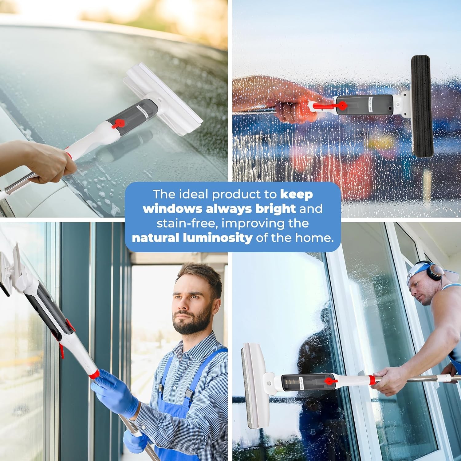 Window Cleaner with Front and Rear Cleaners + Expandable Sprayer – Window Vacuum