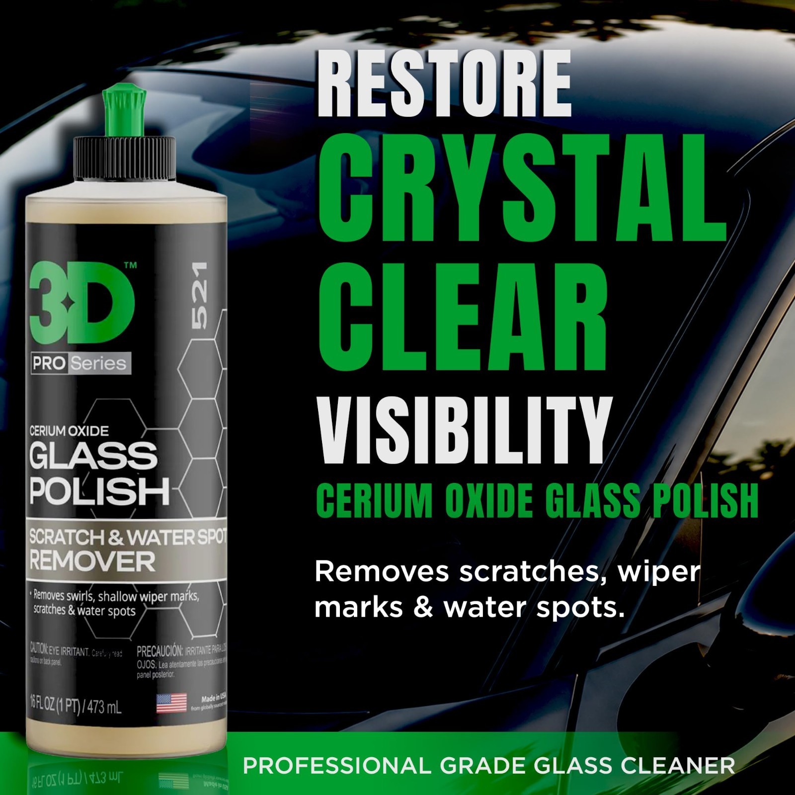 3D Glass Polish – Cerium Oxide Scratch Remover for Car Windows, Restores Clarity