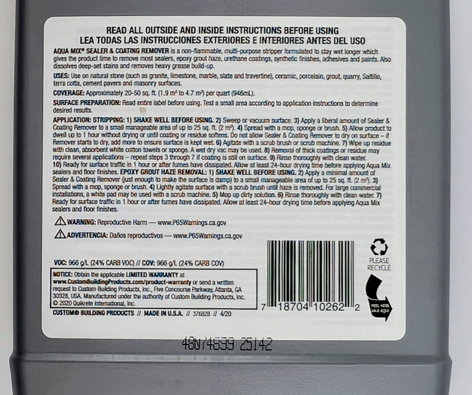 Aqua Mix Sealer and Coating Remover Tile Stone Clean Liquid 1 Quart Set of 2