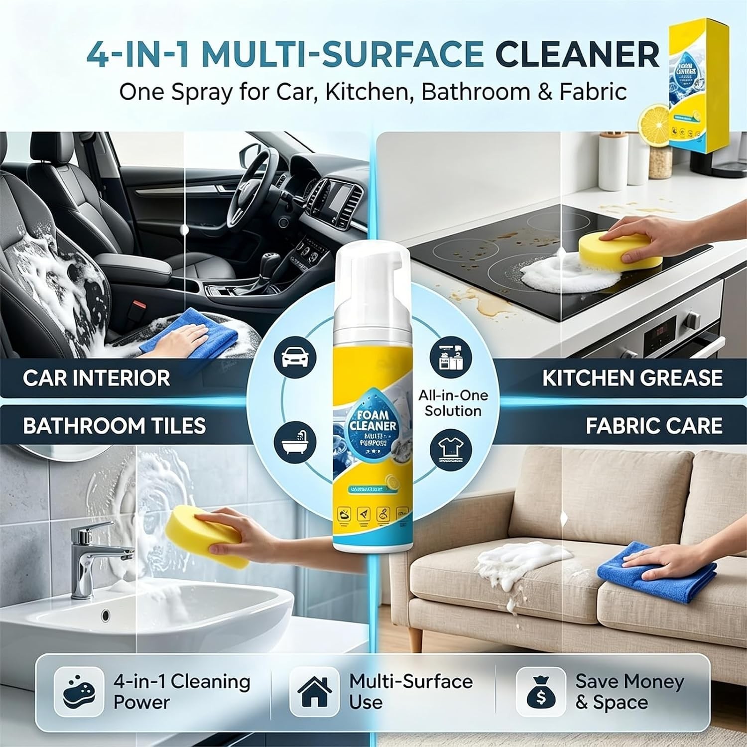 4-in-1 Multi-Enzyme Foam Cleaner, All-Purpose Spray 5oz with Sponge & Towel