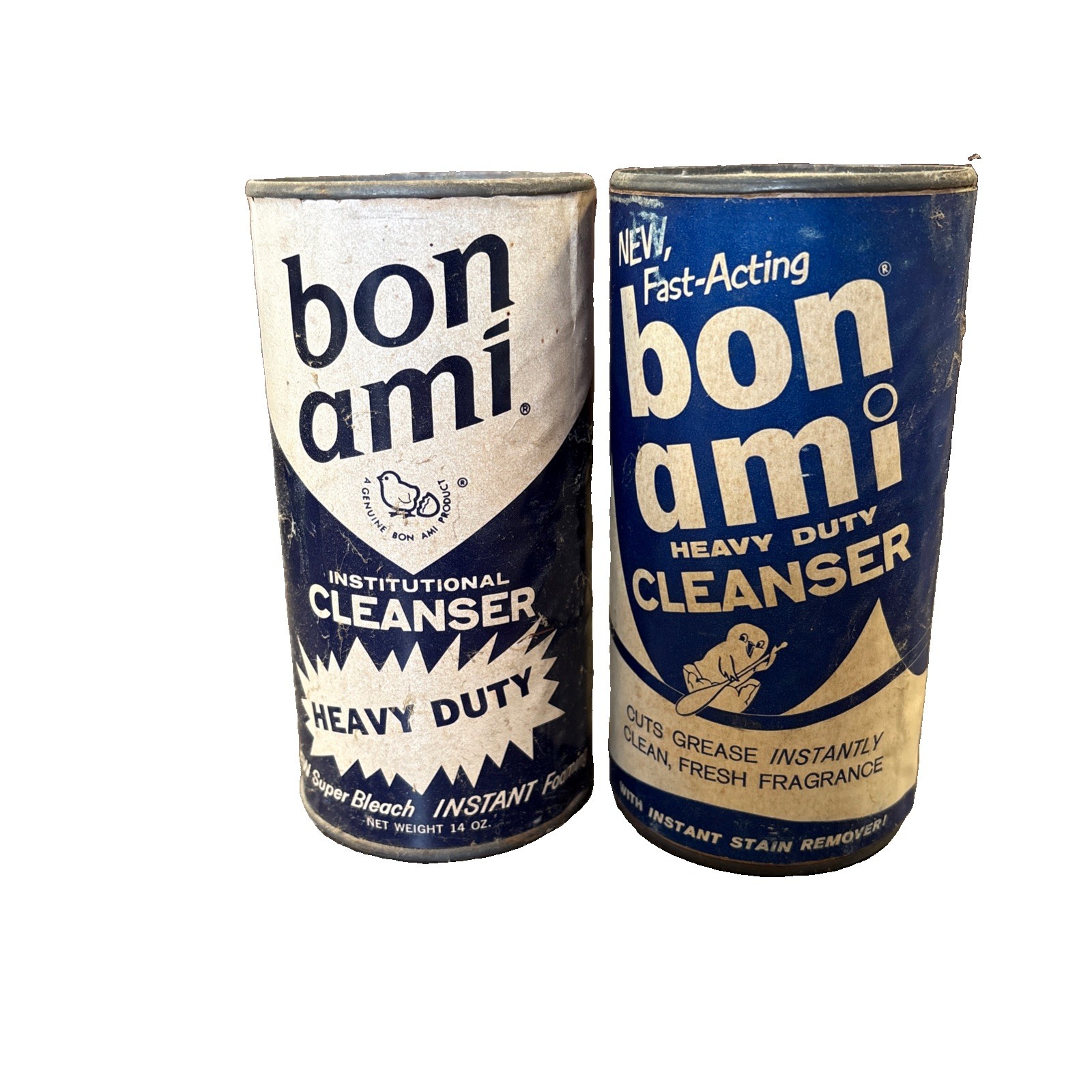 2- 1950s Bon Ami Cleanser Cans Institutional Cleanser Blue Advert Vintage FULL