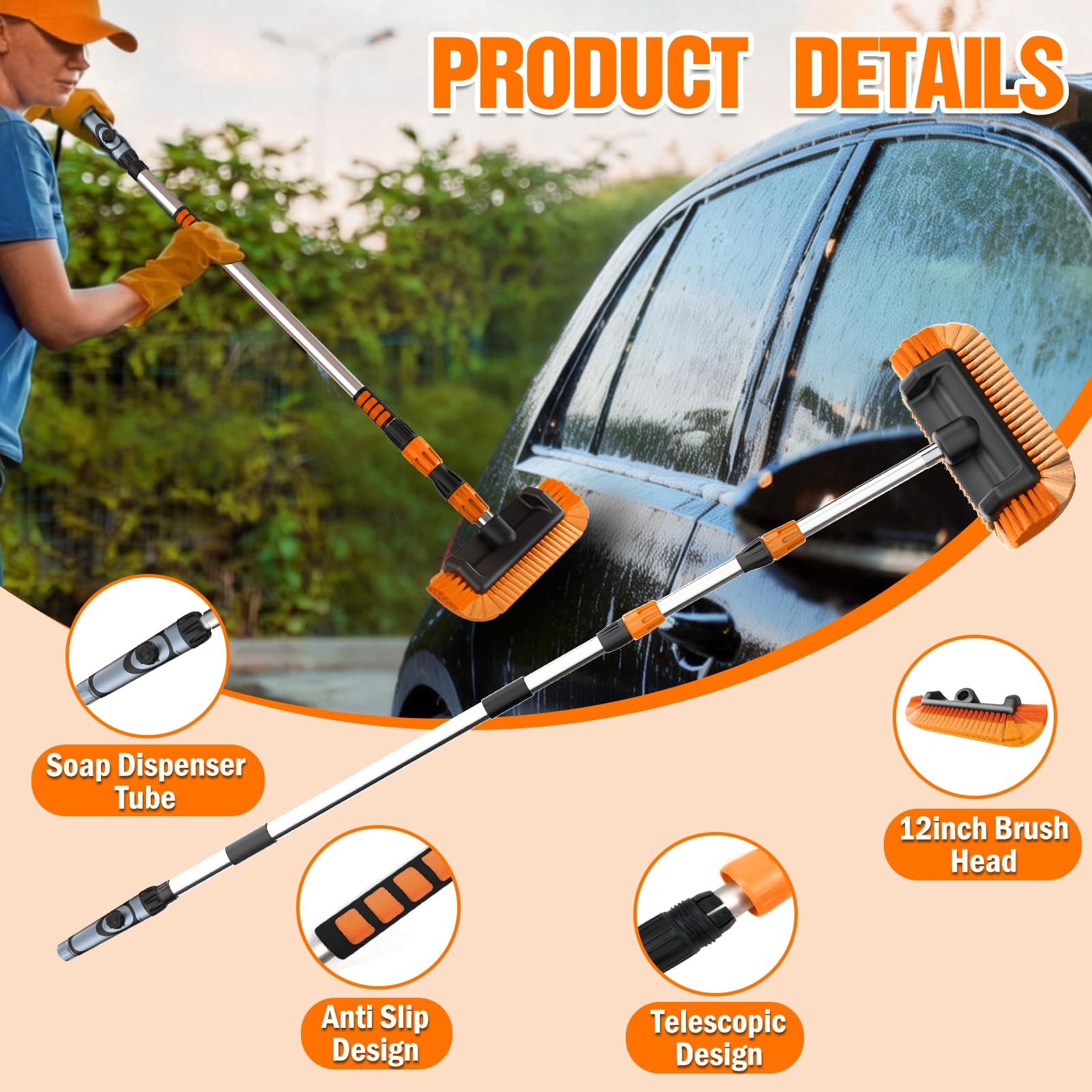 12FT Car Wash Brush with Long Handle, Soap Dispenser & Soft Bristle for Vehicles