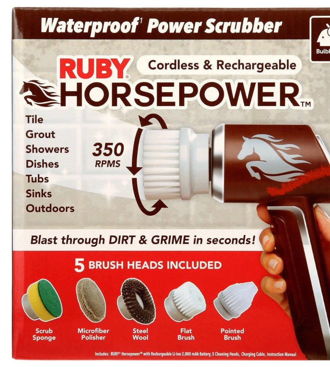 HORSEPOWER RUBY Waterproof Cordless 360° Power Scrubber W/ 5 Heads! – NEW!