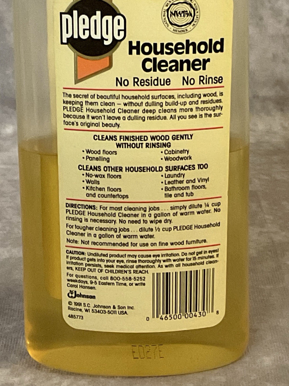 VINTAGE PLEDGE HOUSEHOLD CLEANER 16 FL OZ SC JOHNSON 1991 USED PROP
