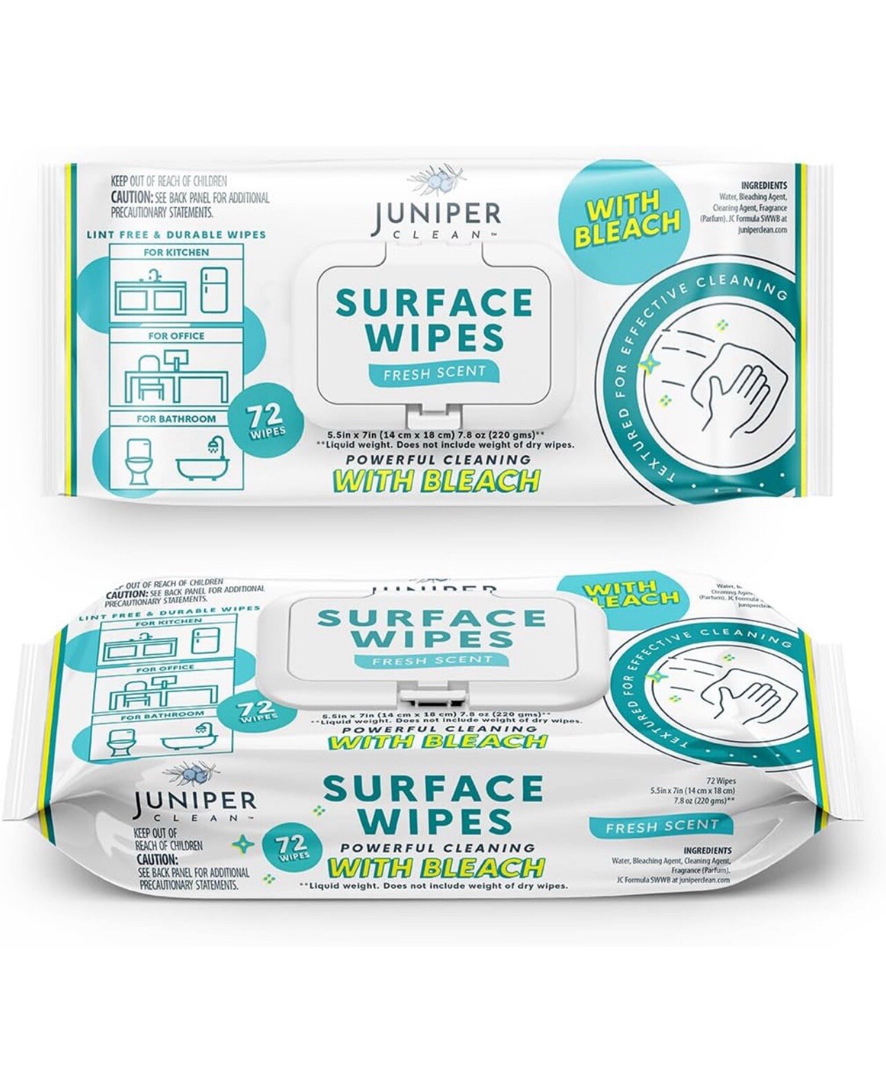864-JUNIPER CLEAN SURFACE WIPES FRESH SCENT POWERFUL CLEANING WBLEACH 12pks