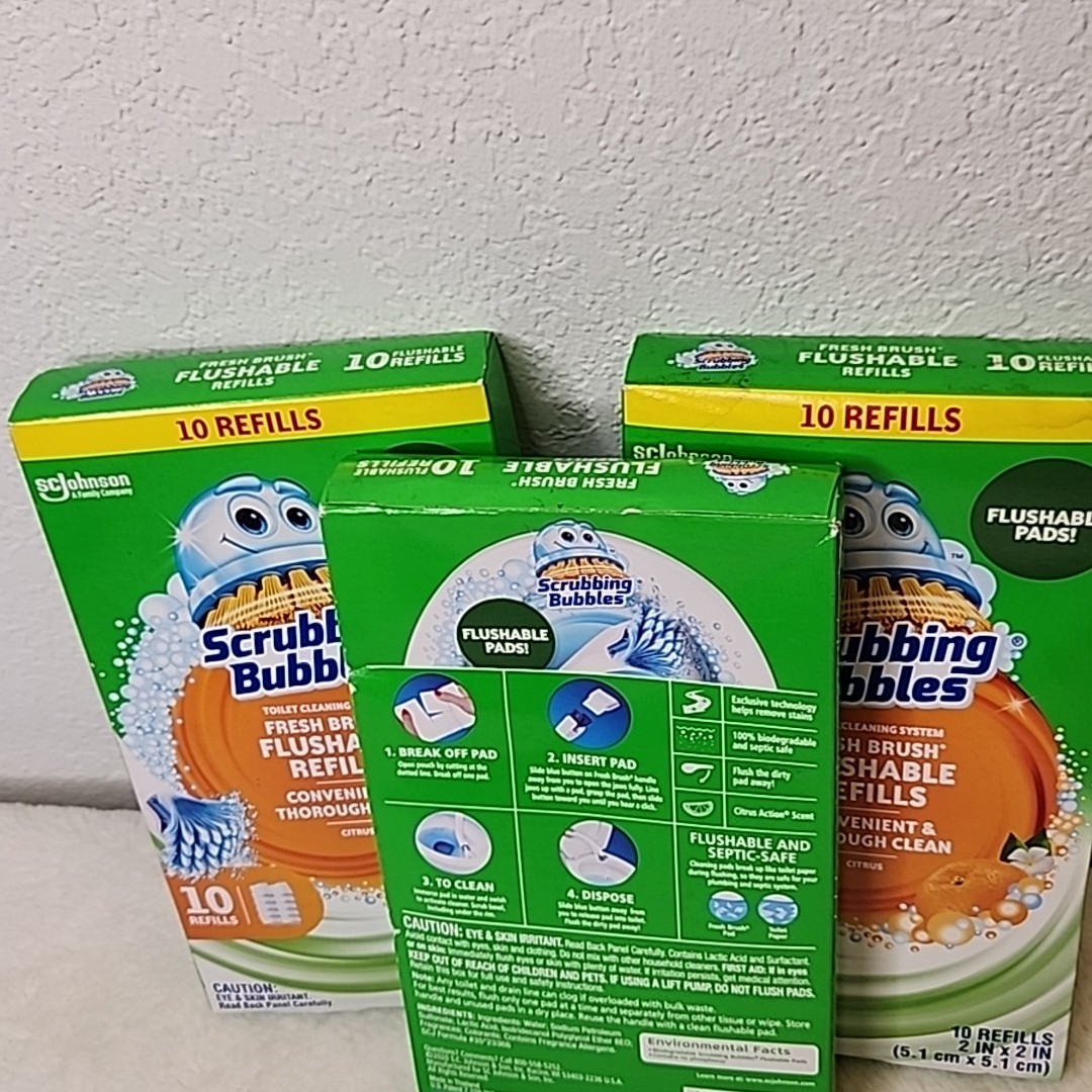 New Scrubbing Bubbles Fresh Brush Flushable Refills 30ct Toilet Pads 3 Boxes