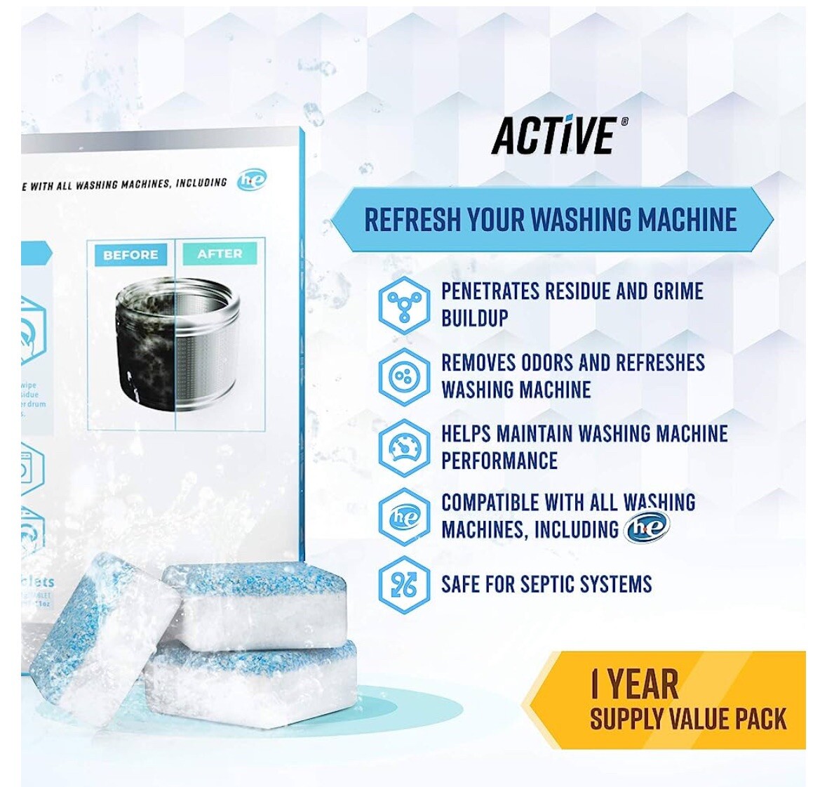 Active Washing Machine Cleaner Descaler – 24 Pack Front Loader & Top Load Washer