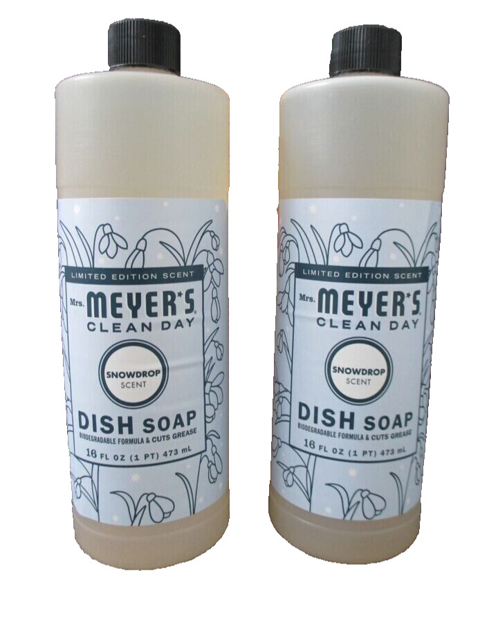 (2) Mrs. Meyer’s Clean Day *SNOWDROP* Scent Liquid Dish Soap ~ 32 oz TOTAL ~ NEW