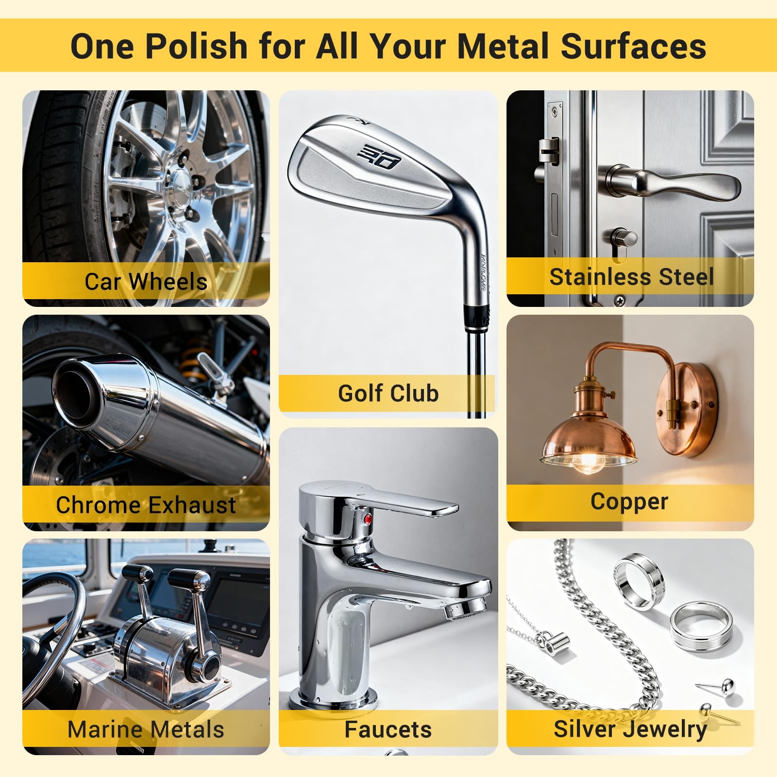 Metal Polish for Chrome, Aluminium, Brass, Copper, Silver, Car Wheels, Golf C…