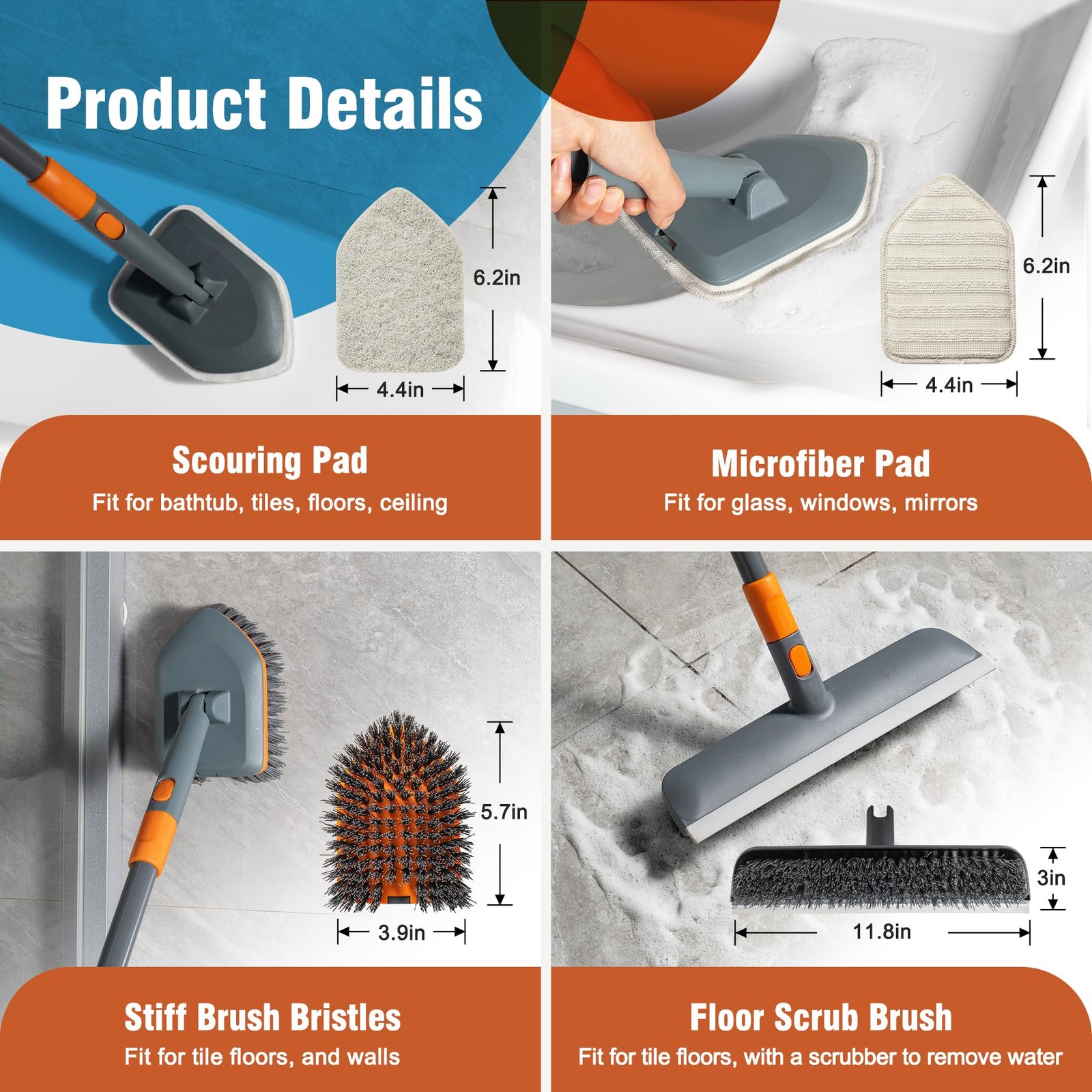 Floor Scrub Brush Tile Tub Scrubber Brush With 4 Different Cleaning Heads Shower